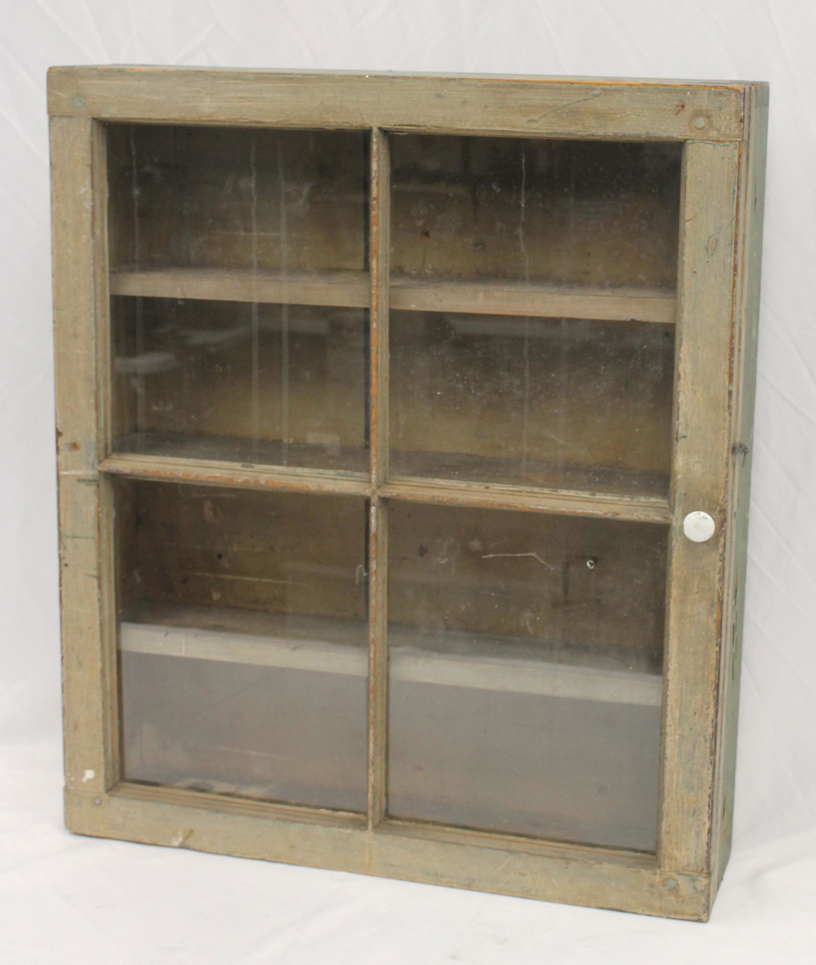 Antique wall hanging cupboard w glass door in green paint - 28" tall x 23 3/4" wide x 6" deep (1 of 5)