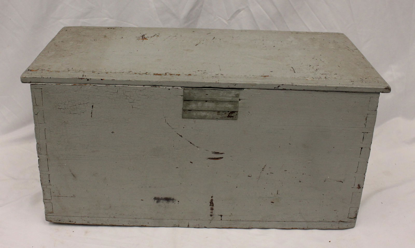 Antique small canted seachest in gray/blue paint - 12 1/4" tall x 25 1/4" wide x 12 1/4" deep (1 of 8)