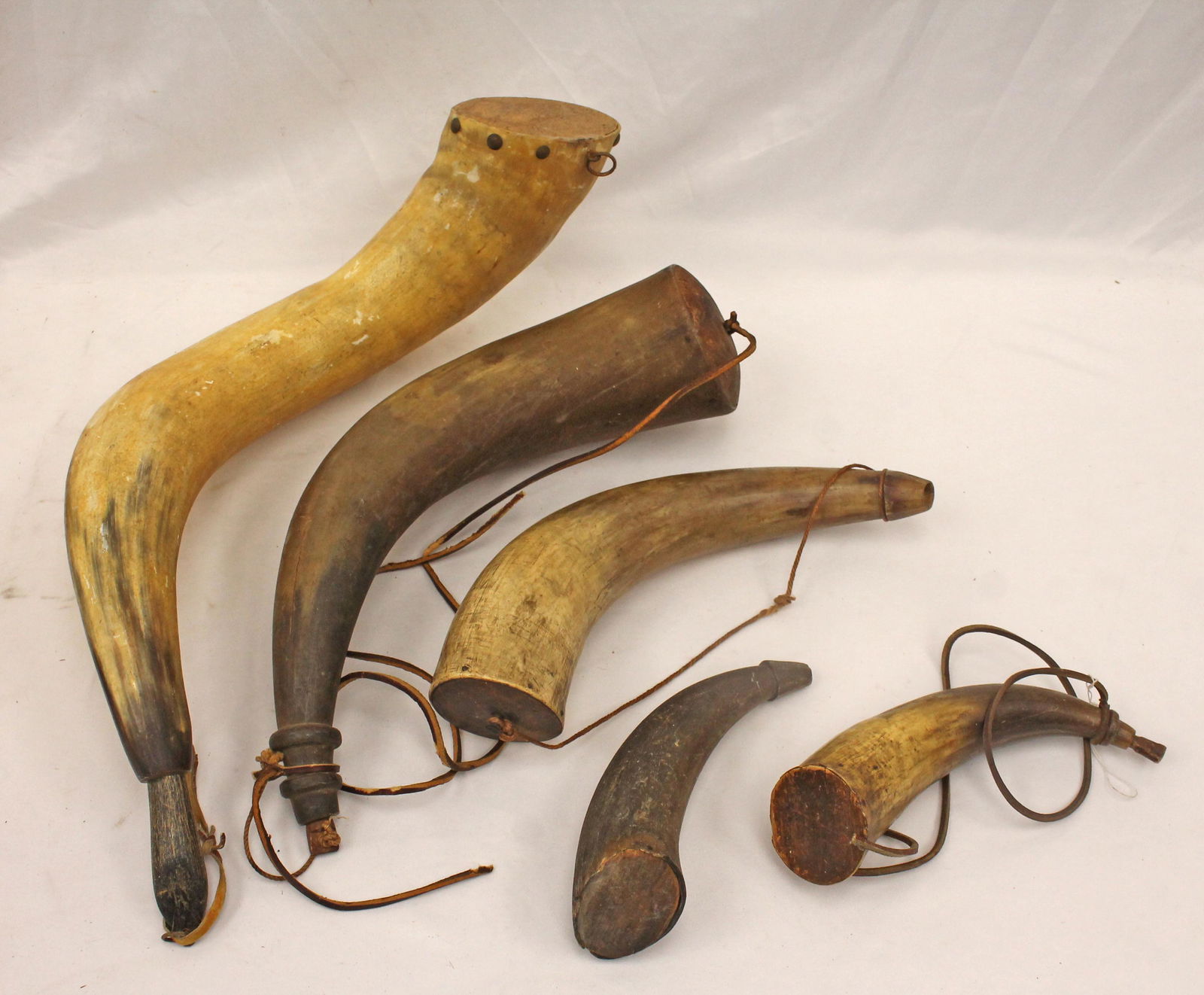 Lot of 5 powder horns in various sizes - approx 8" - 20" long (1 of 5)