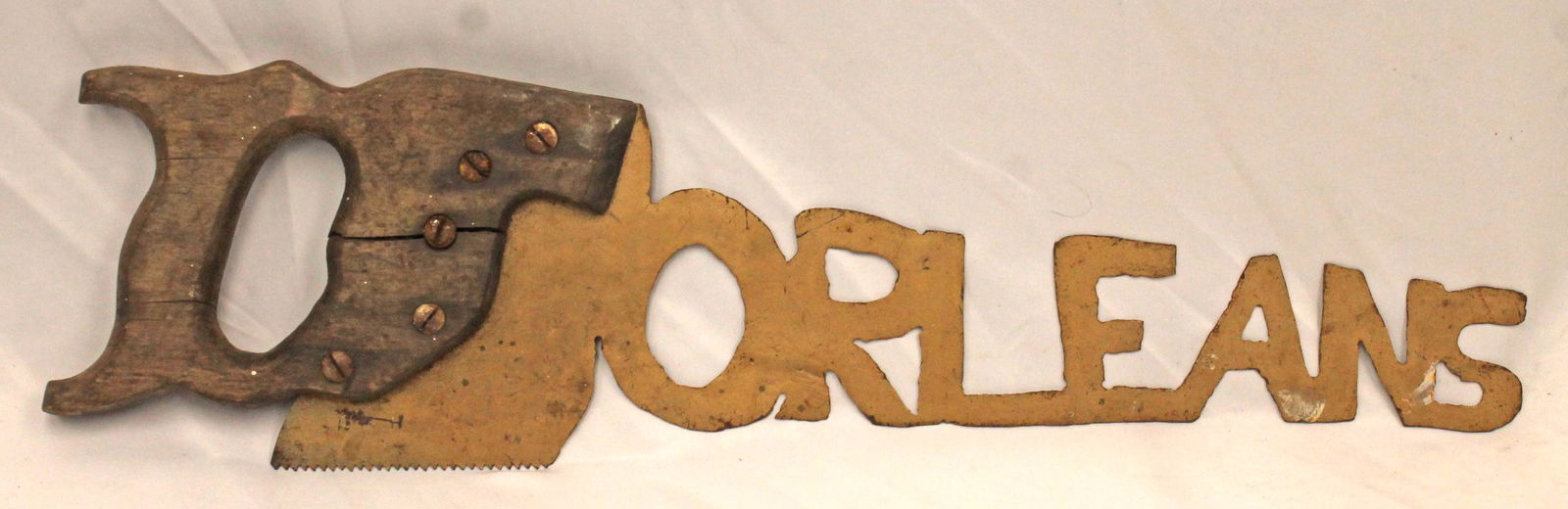 Hand saw form sheet iron & wooden painted trade sign "Orleans" - 23" long (1 of 5)