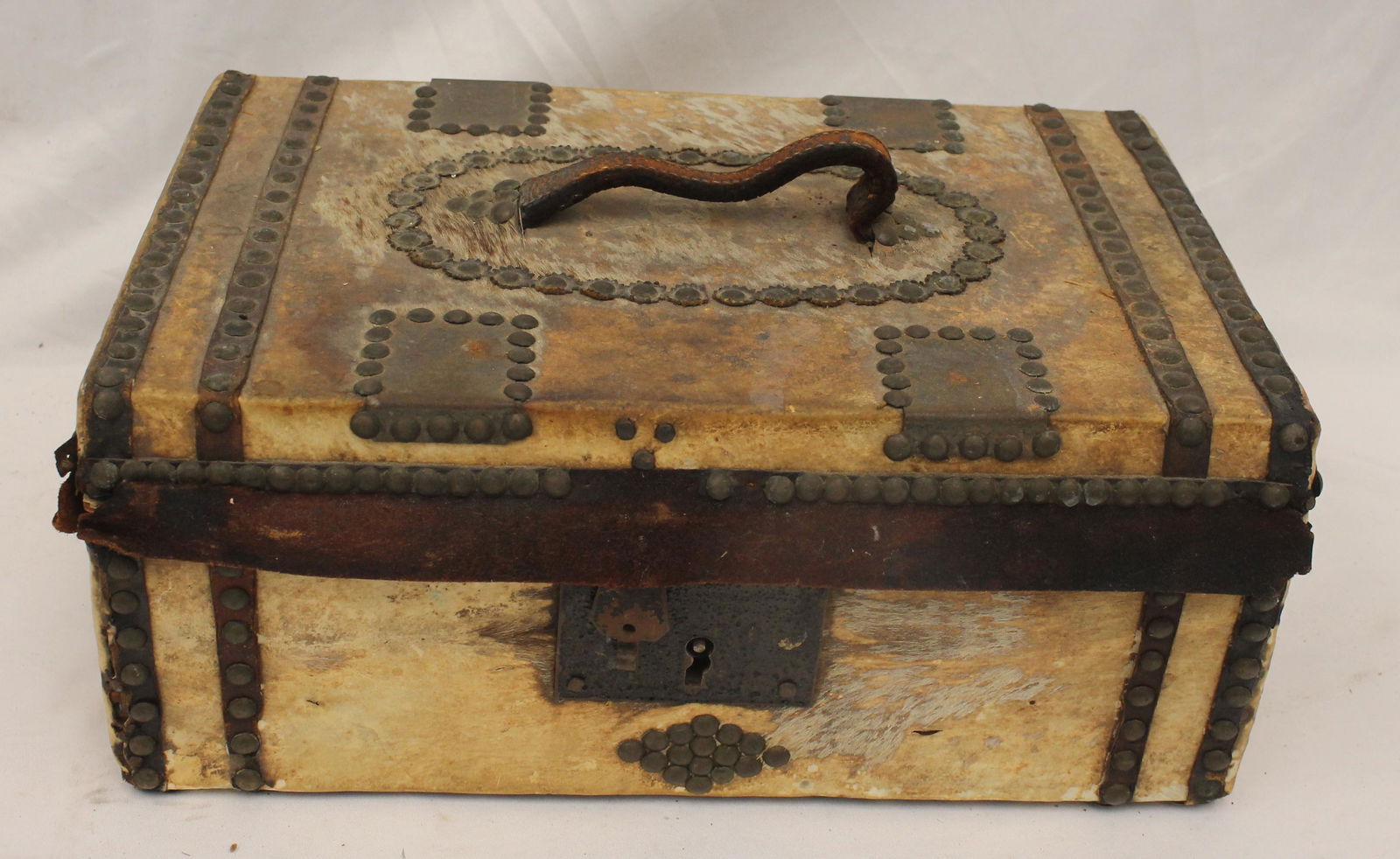 Antique hide covered document box w leather handle & brass bound straps - 5 1/2" tall x 14" wide x (1 of 7)