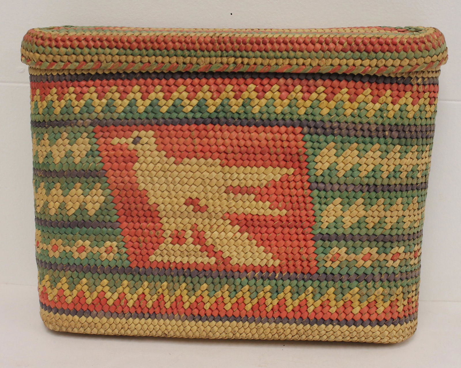 NW Native American basket w cover & bird dec - possibly Macaw - as found - missing strap handle - 8 (1 of 6)