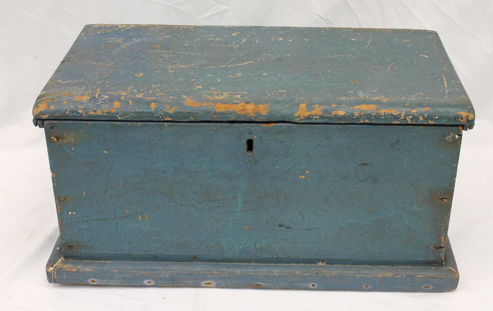 Antique small wooden valuables box w till in blue paint - 10" tall x 20 1/2" wide x 11 1/4" deep (1 of 4)