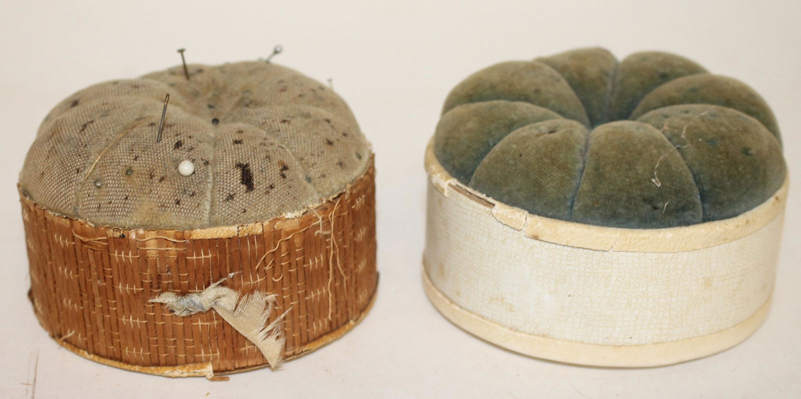 Lot of 2 Shaker sewing pin cushions incl a leather bound Sabbath Day Lake Maine - approx 3 1/2" diam (1 of 4)
