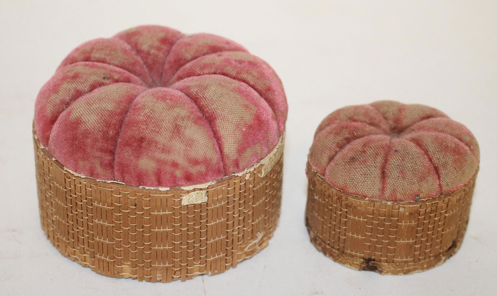 Lot of 2 Shaker sewing pin cushions incl a 3" diam Sabbath Day Lake Maine example plus a 2" diam (1 of 3)