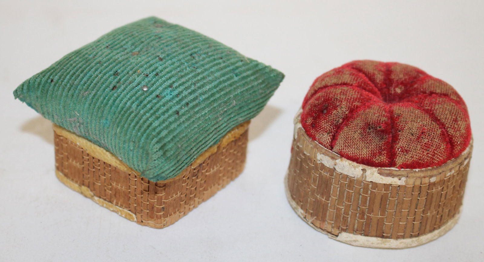 Lot of 2 Shaker sewing pin cushions incl a 2" square Sabbath Day Lake Maine plus a 2" diam unmarked (1 of 6)