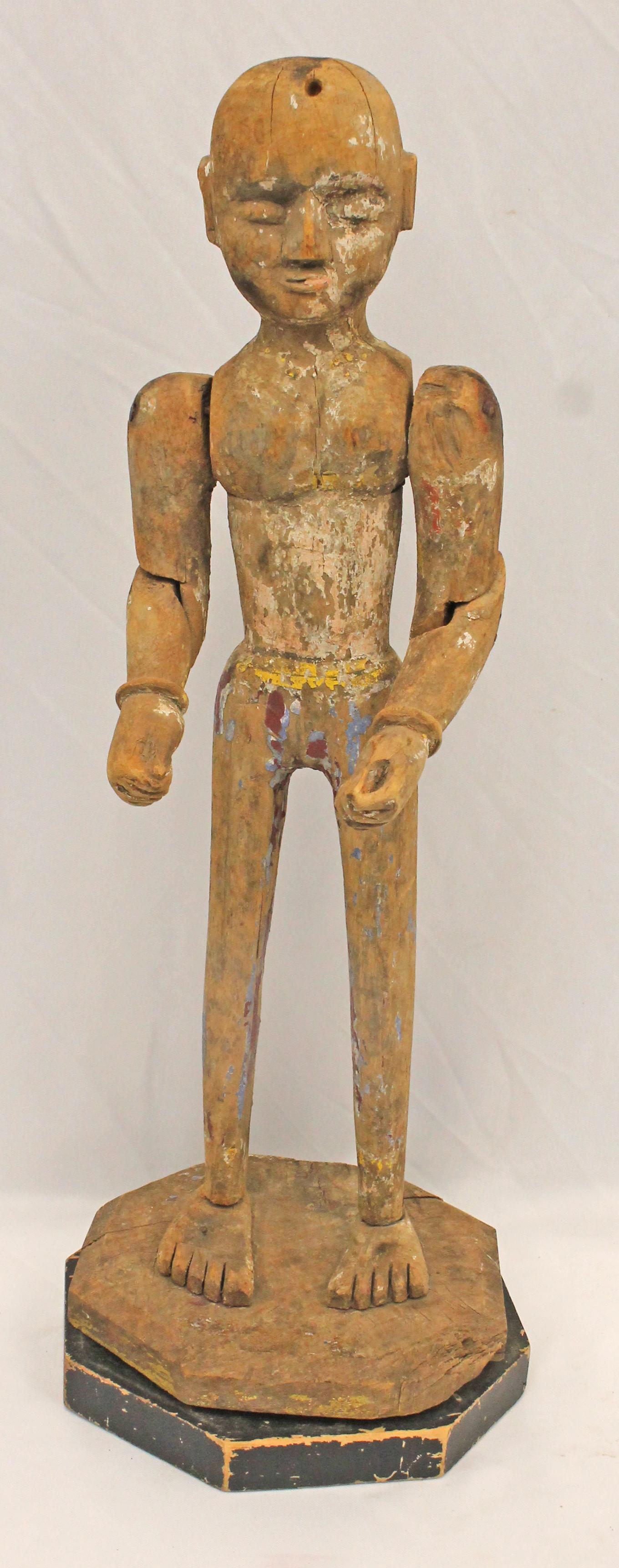 Antique carved wooden figure w jointed elbows and traces of paint - approx 20" tall: Antique carved wooden figure w jointed elbows and traces of paint - approx 20" tall