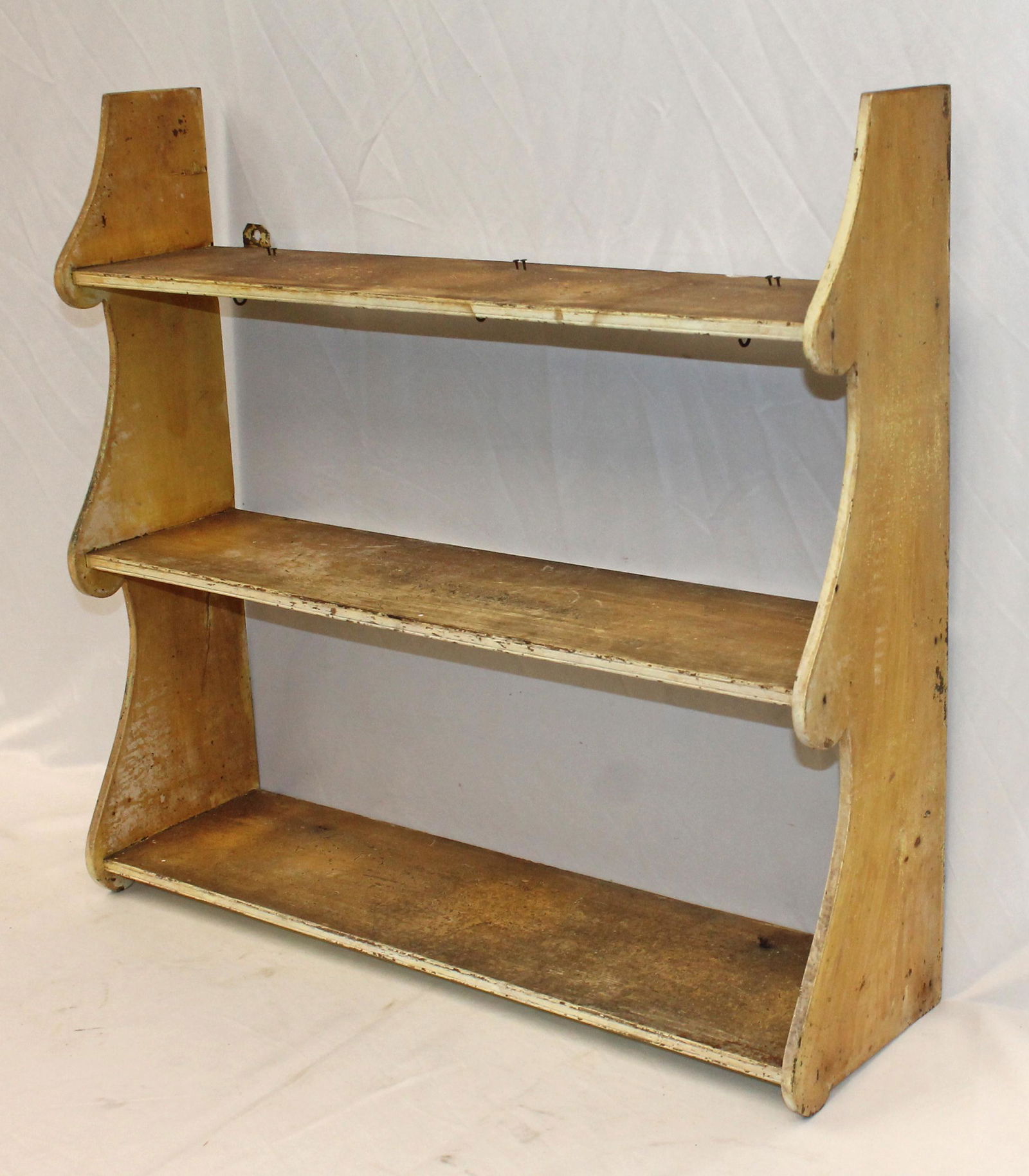 Antique 3 tier wall shelf in yellow paint - 22 1/2" tall x 24 3/4" wide (1 of 3)