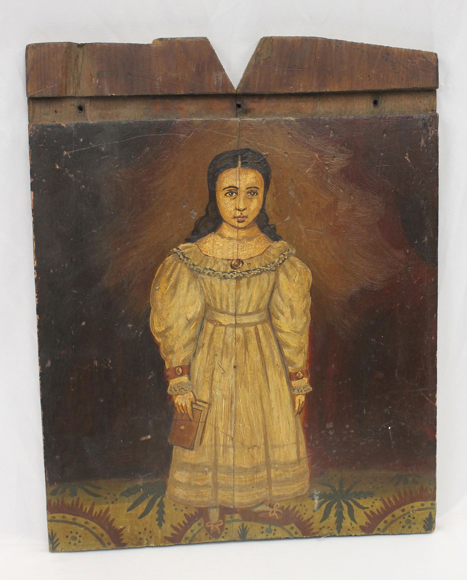 Antique oil on wooden panel of a young girl holding a book standing on a carpet - 19 1/2"x15 1/2" (1 of 7)