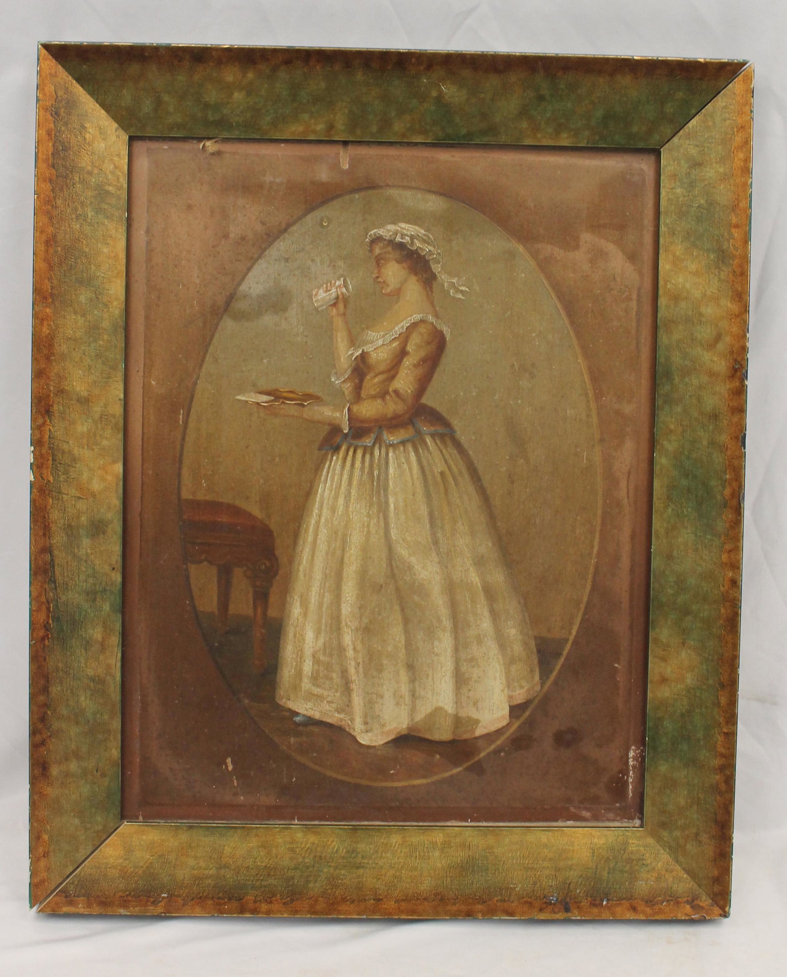 Adolph Schmidt (1827-1880) oil on wooden panel of a young woman holding a tray in one hand - overall: Adolph Schmidt (1827-1880) oil on wooden panel of a young woman holding a tray in one hand - overall framed size 20 3/4" x 16 3/4"