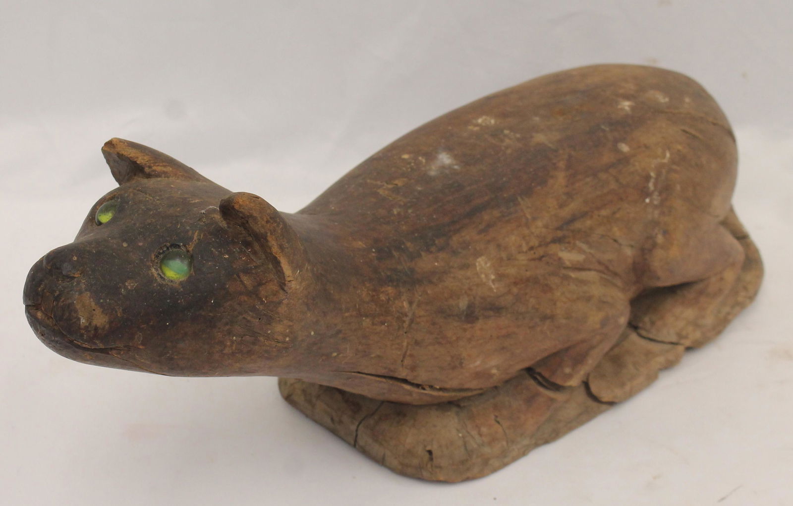 Folk art ca 1930's carved wooden cat w glass marble eyes - 19 1/2" long - found in upstate NY (1 of 10)