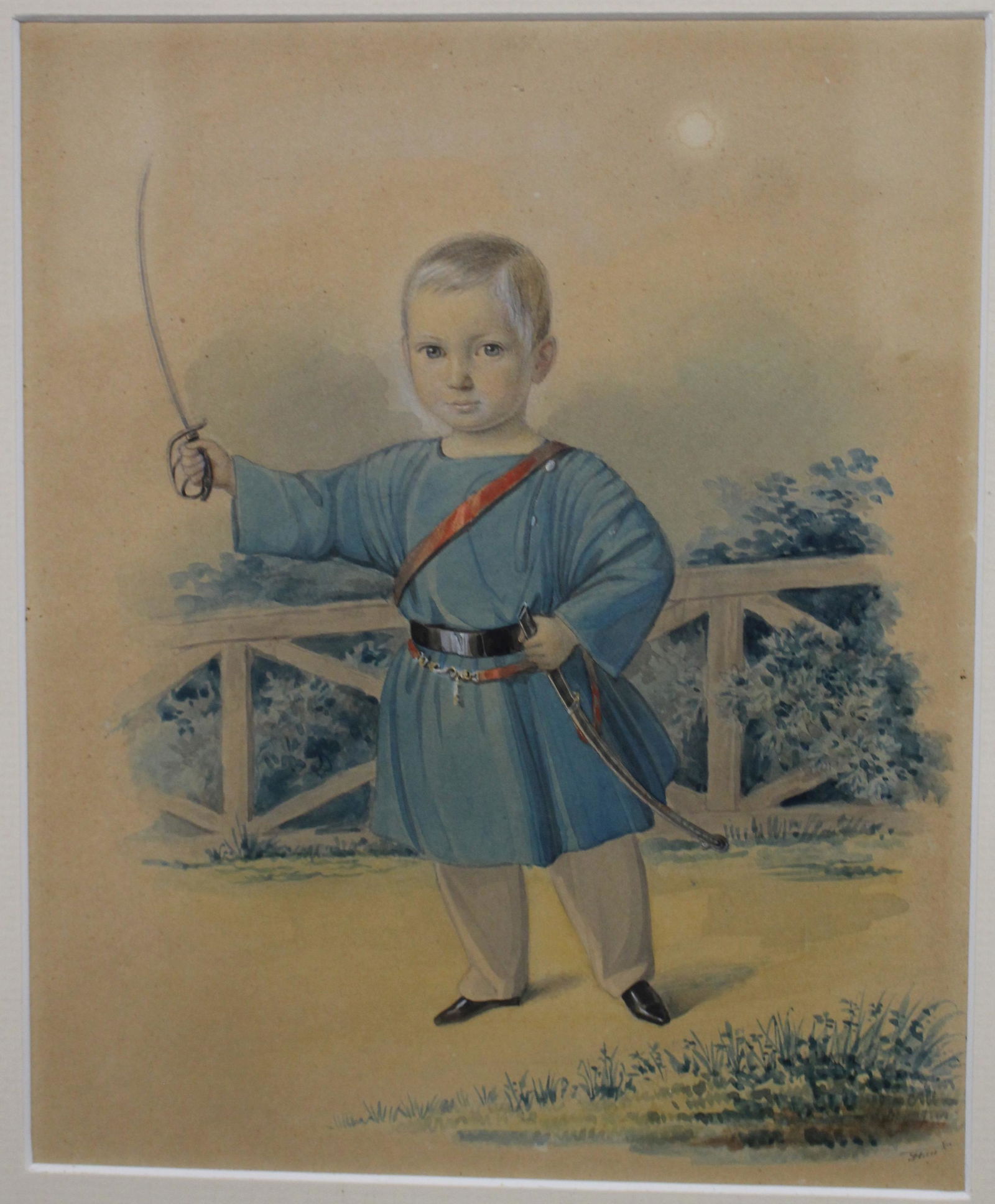 fine sgnd Eduard Hau (1807-1870) w/c of a young boy holding a sword - 14"x12" overall framed size (1 of 5)