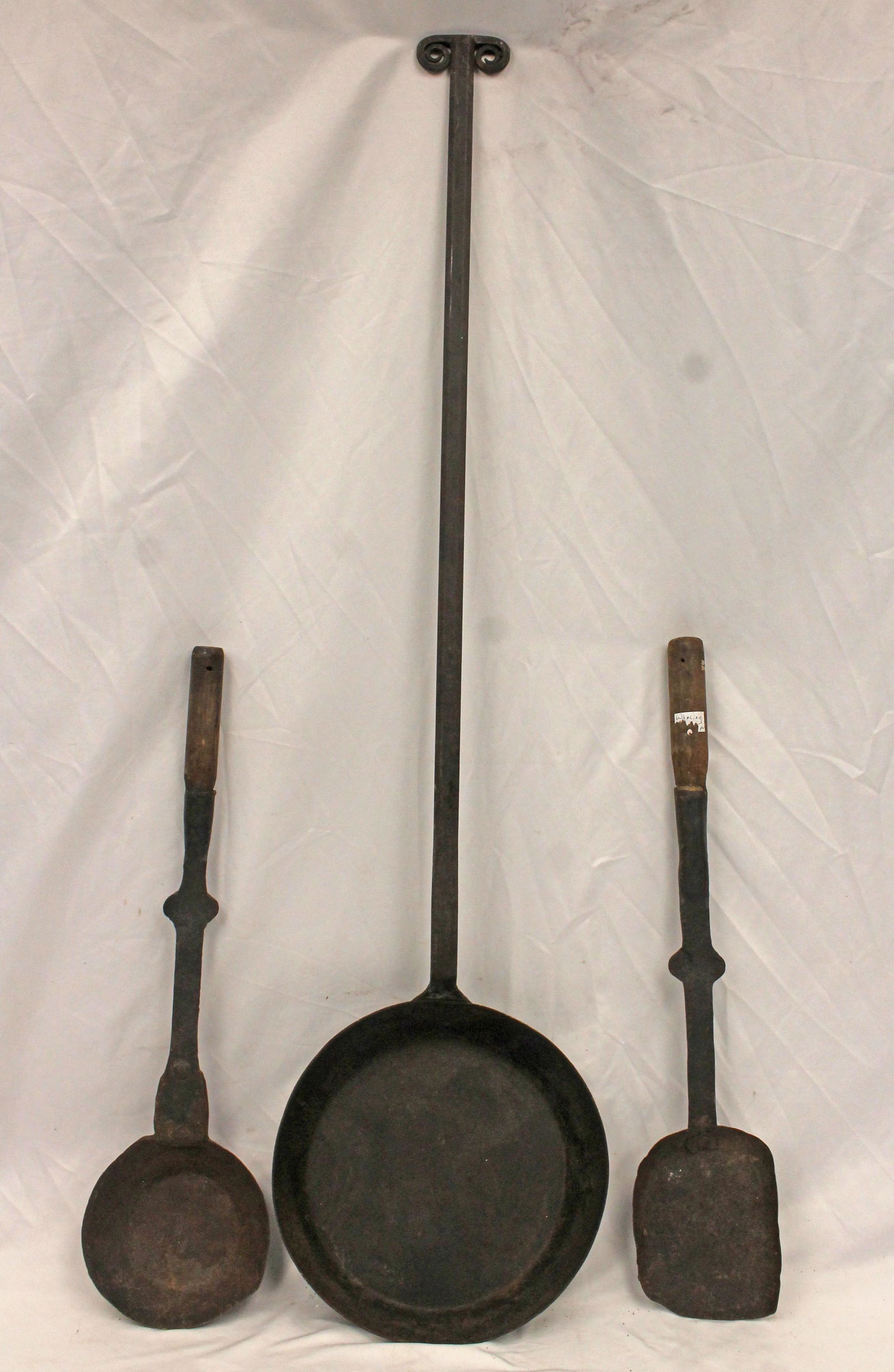 Lot of 3 pieces of wrought iron incl rams horn long handled frying pan - 48" long & 2 wooden handled (1 of 14)