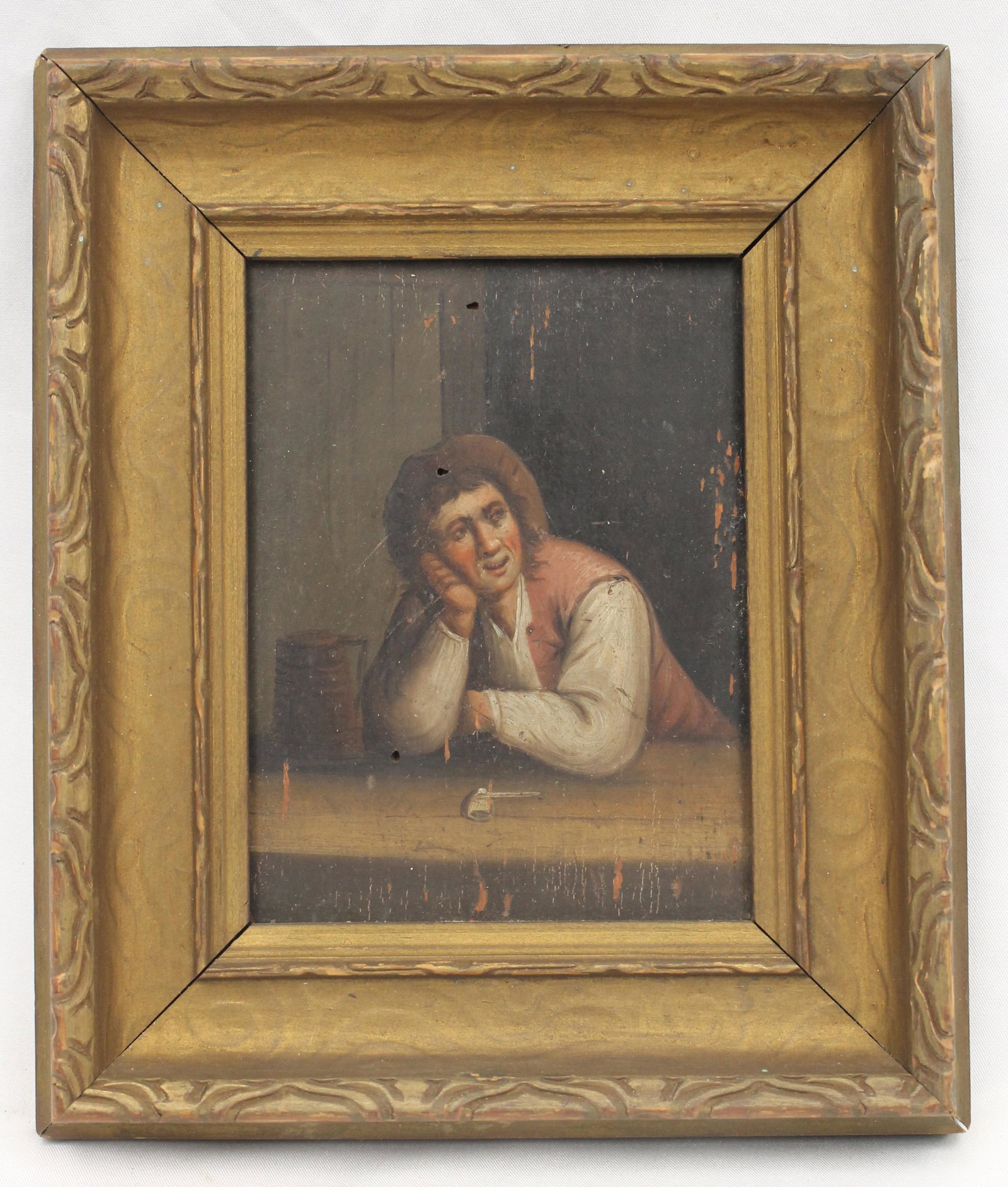 Small antique o/panel of a man with a pipe & stein on table he's leaning on - 8 1/4"x7": Small antique o/panel of a man with a pipe & stein on table he's leaning on - 8 1/4"x7"