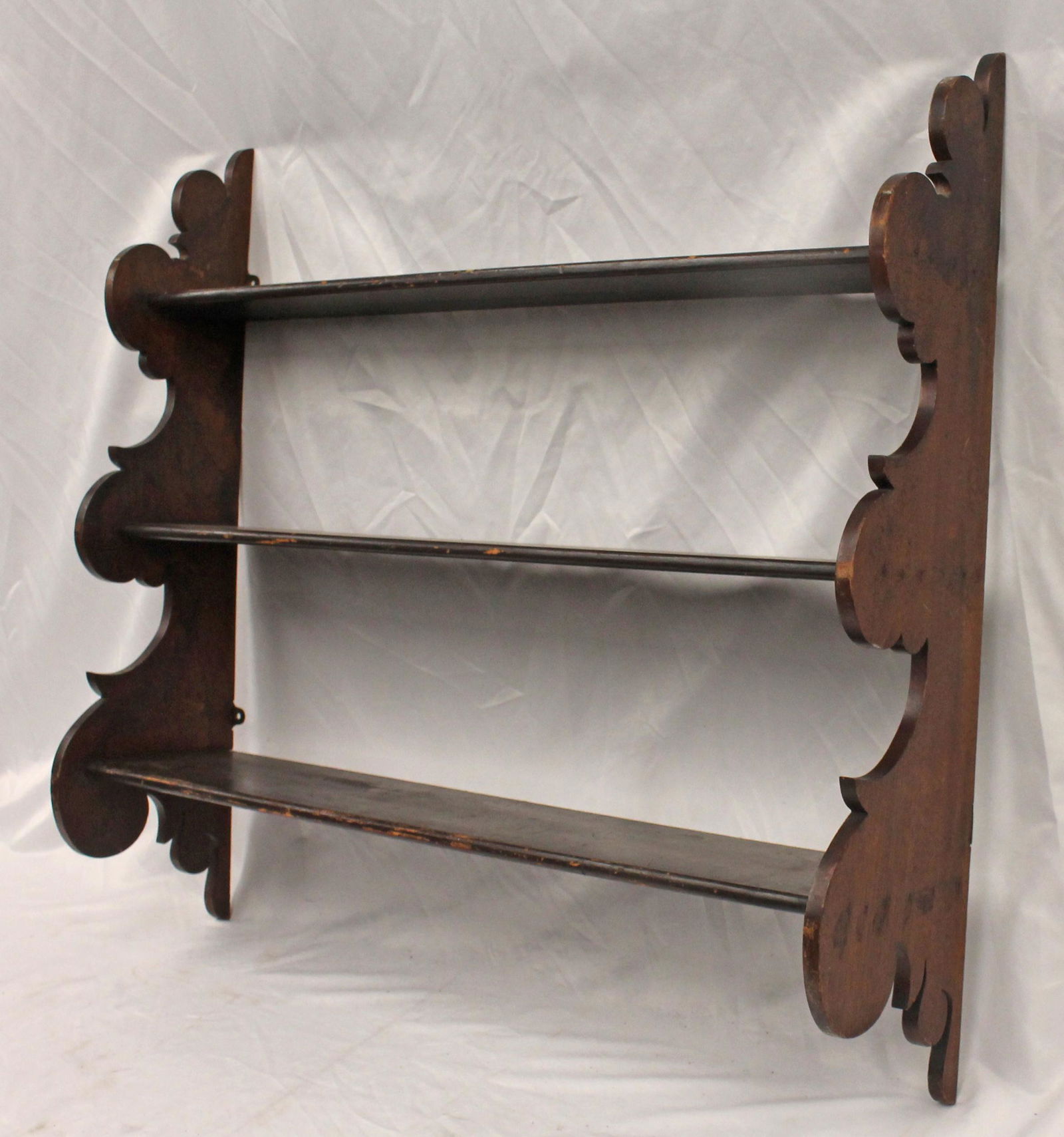 Antique 3 tier hanging wall shelf w shaped sides - 30 1/2" tall x 32 3/4" wide (1 of 3)