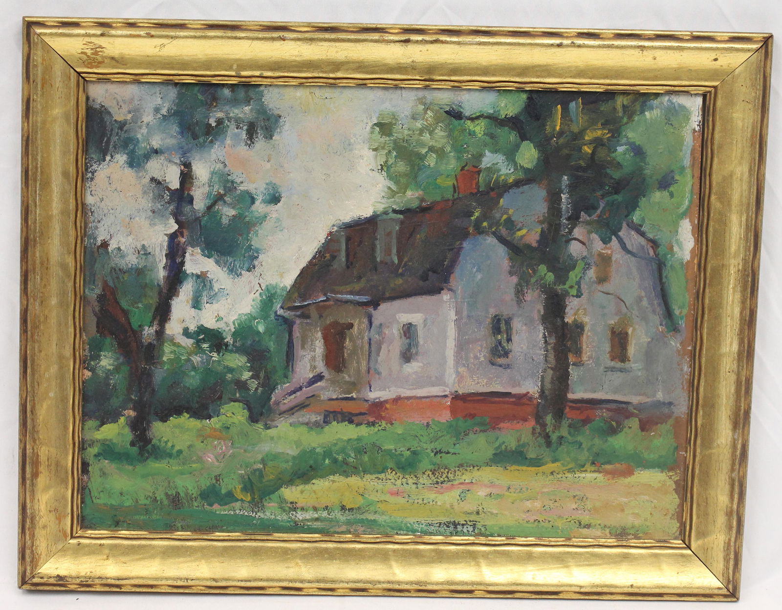 Unsigned impressionist o/bd of a house in very green landscape in gold frame - 14 1/2"x18 3/4" (1 of 7)