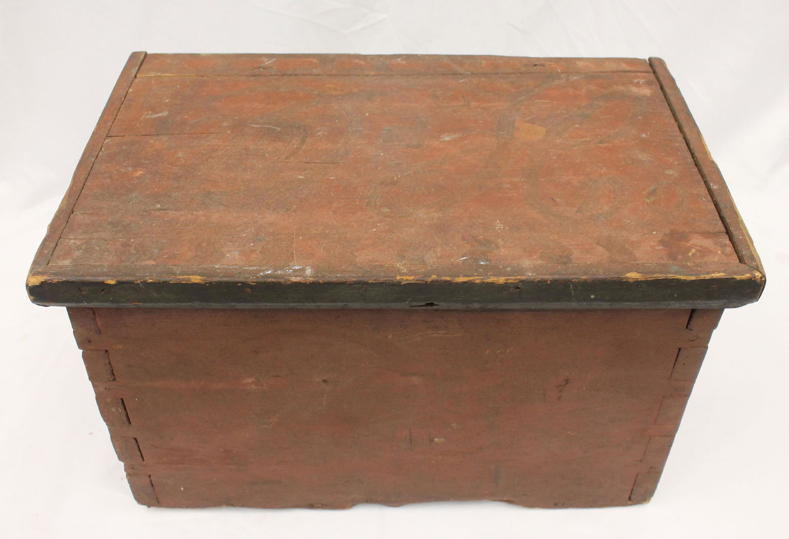 Antique small red paint decorated box w snipe hinges & iniatials on top - 12" tall x 19 1/2" wide x (1 of 7)