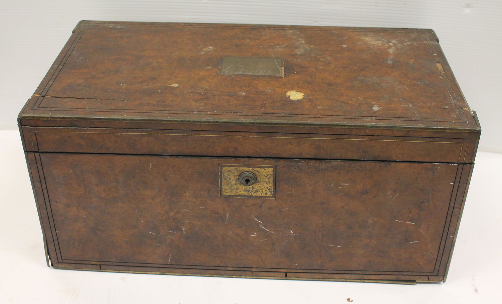 Antique burl walnut veneer table top folding desk w inkwell & writing surface interior & drawer on (1 of 4)