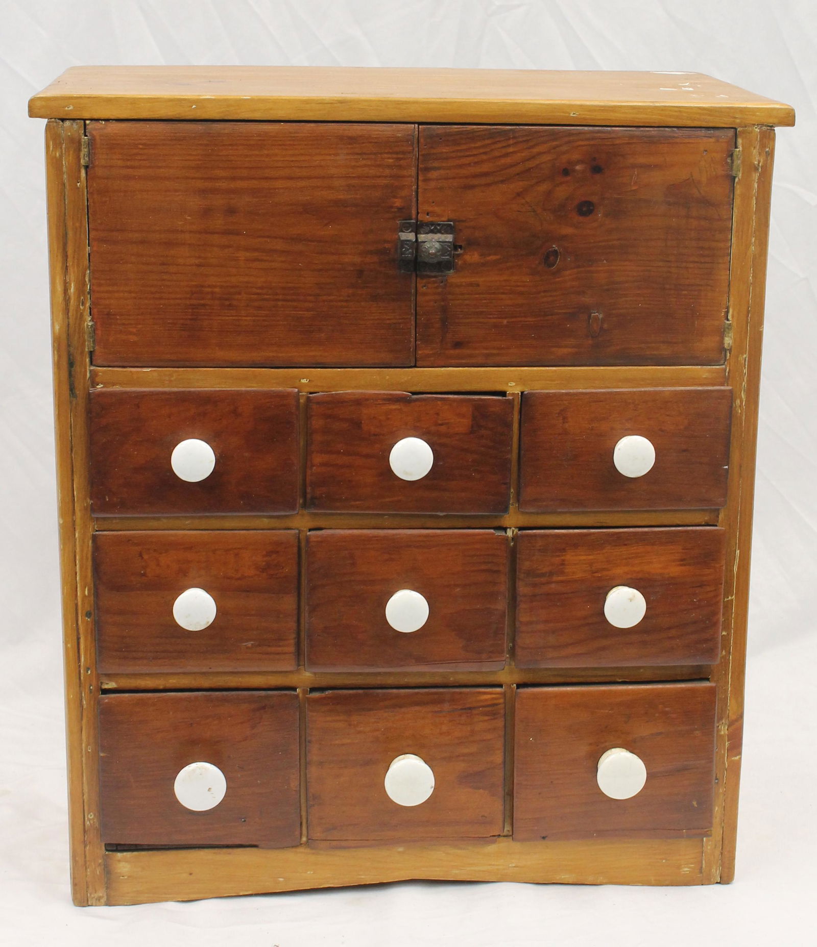 Antique apothecary cabinet w 2 cupboard doors over 9 drawers - 24" tall x 21 1/4" x 11" deep (1 of 6)