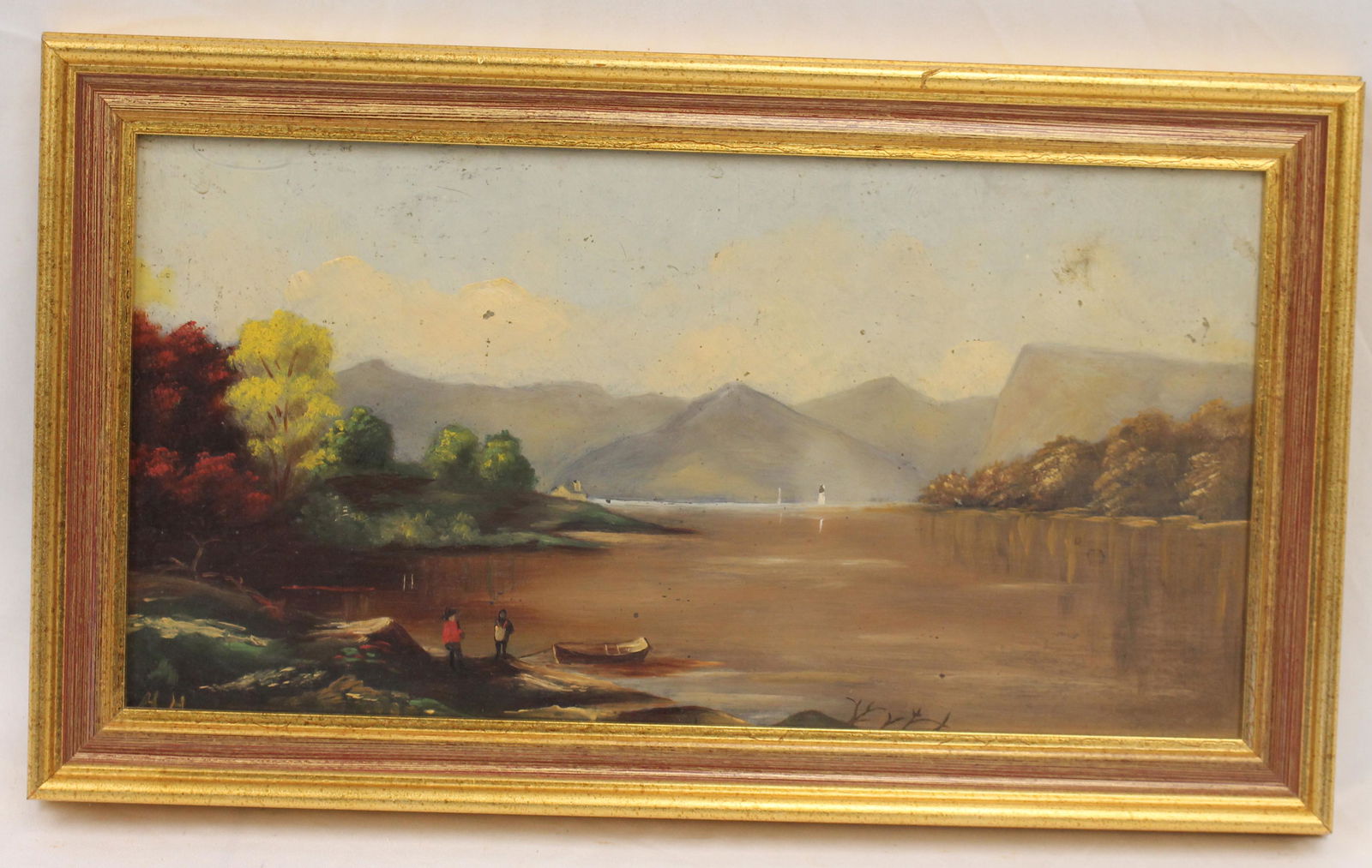 Small initialed HH o/bd riverscape w people, boats, house & mountains in the background - overall (1 of 7)