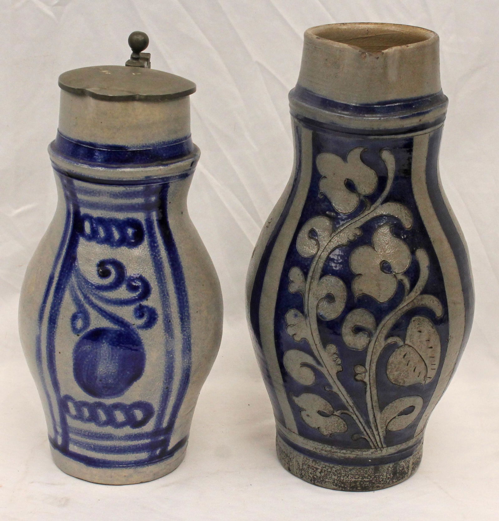 Lot of 2 salt glaze cobalt dec stoneware pitchers - 1 w pewter lid - the other missing lid - 12 1/4" (1 of 9)