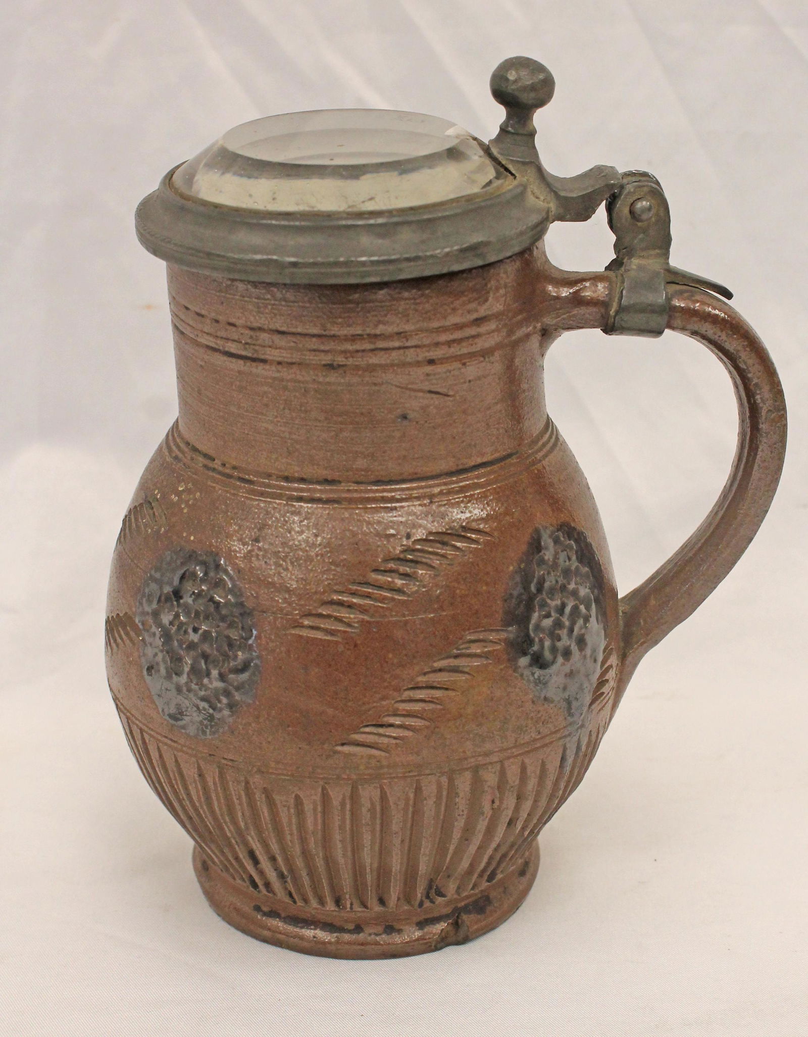 17thC "Brownware" Small brown glaze stoneware stein w cobalt incised dec & pewter & glass lid - 7" (1 of 6)