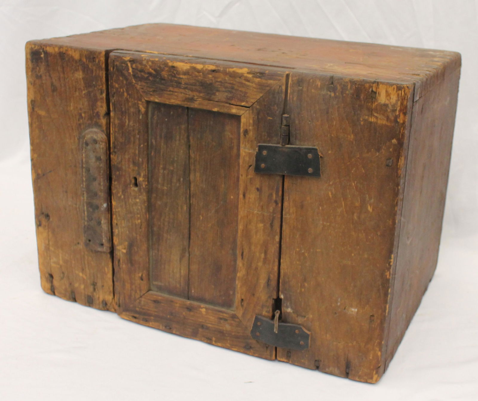 Antique small hanging 1 door wall cupboard w leather hinges - 12" tall x 17" wide x 11" deep (1 of 7)