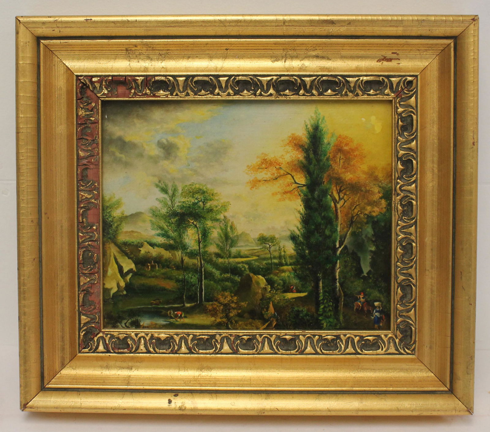Small unsgnd o/panel landscape w figures, animals & river & mountains in background - overall framed (1 of 8)