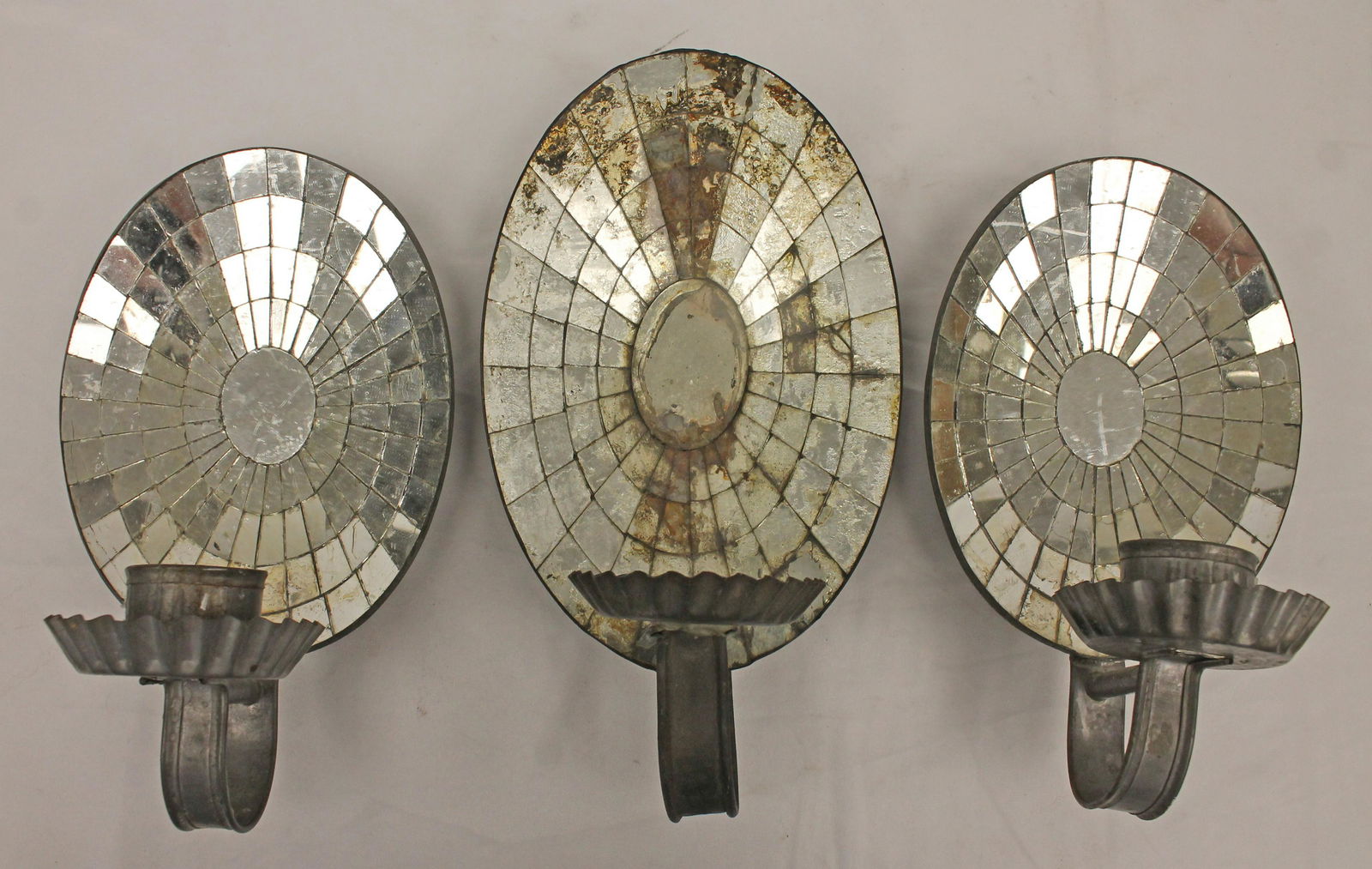 lot of 3 tin oval mirror candle sconces incl a pair & a single - pr is 10" tall and was once (1 of 6)