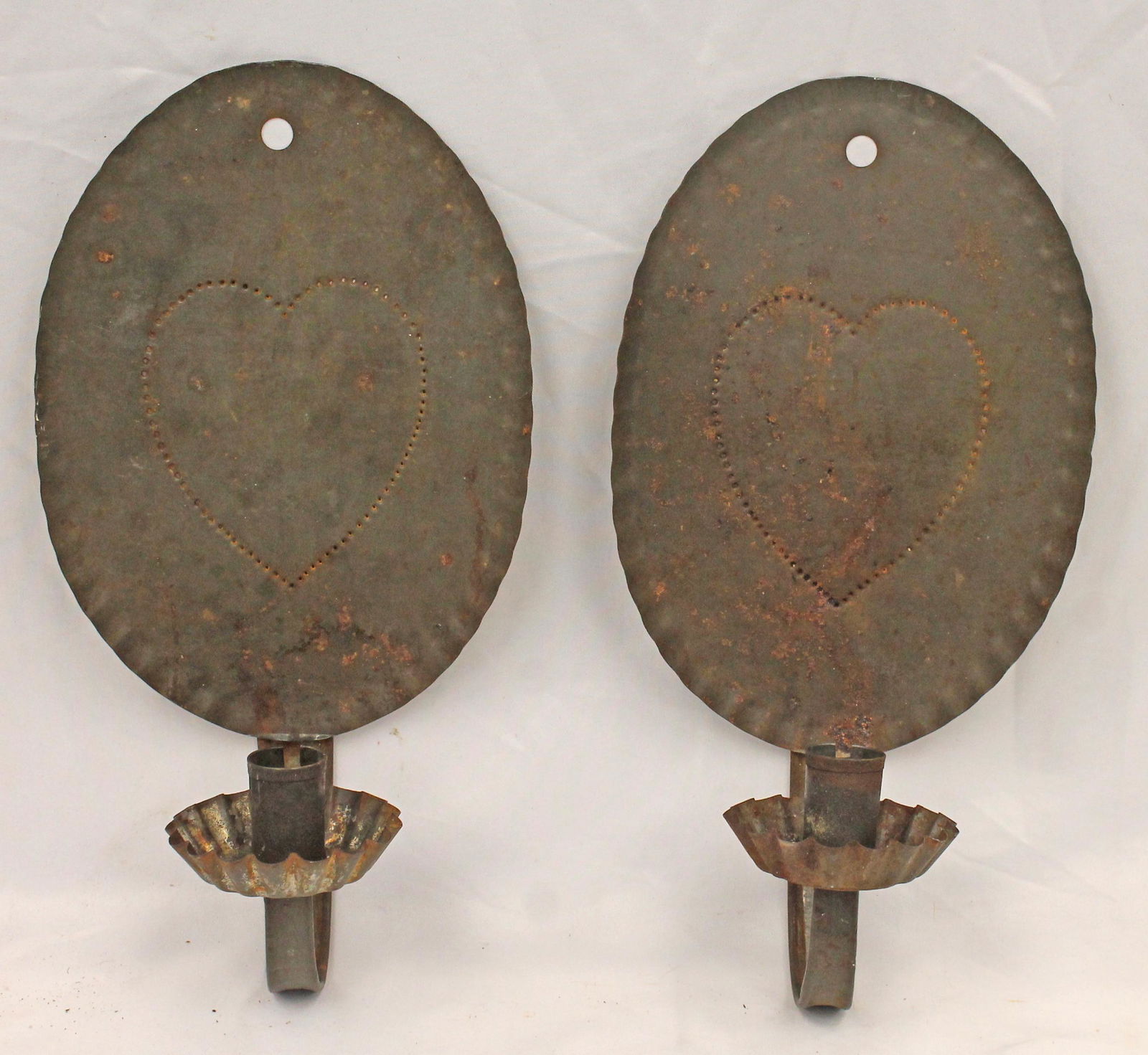 Pr of tin oval candle sconces w punched heart dec - 12 1/2" tall (1 of 7)