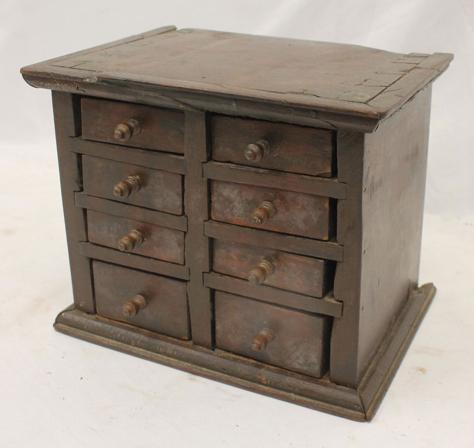 Antique 8 drawer small spice chest w wooden knobs - 7" tall x 8 1/2" wide x 6 1/2" deep (1 of 6)