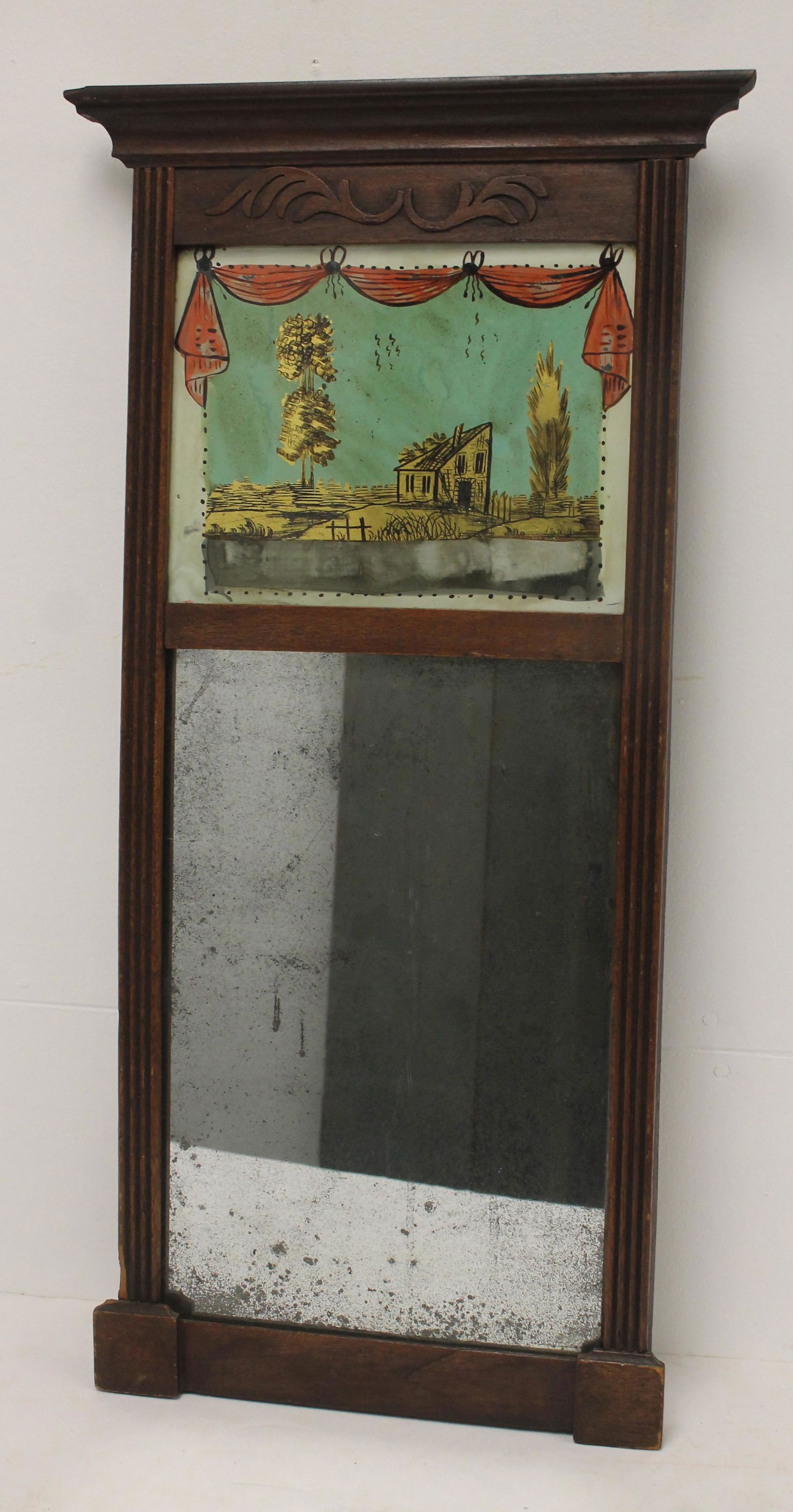 Antique 2 section mirror w reverse painted homestead scenic top panel - 25 1/2"x11 1/2" (1 of 5)
