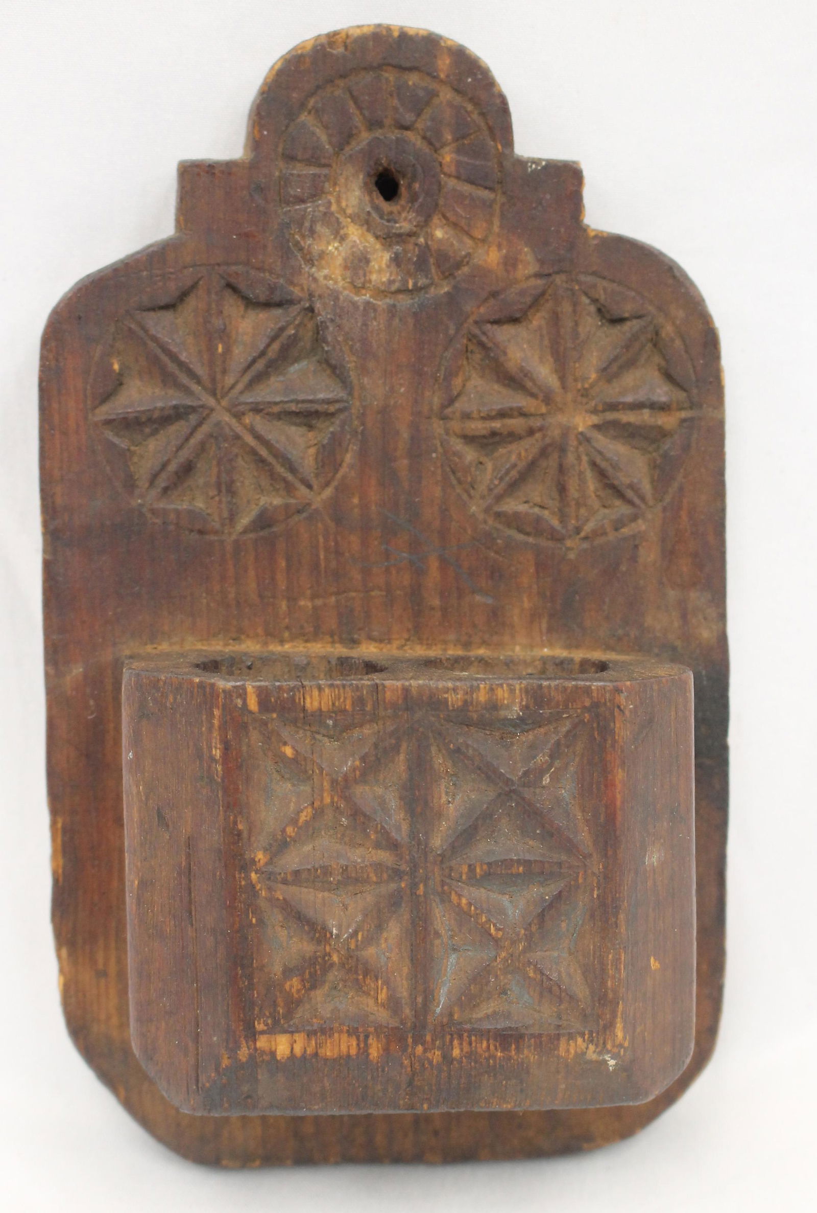Folk art chip carved wall match safe - 6 1/4" tall x 3 3/4" wide (1 of 7)
