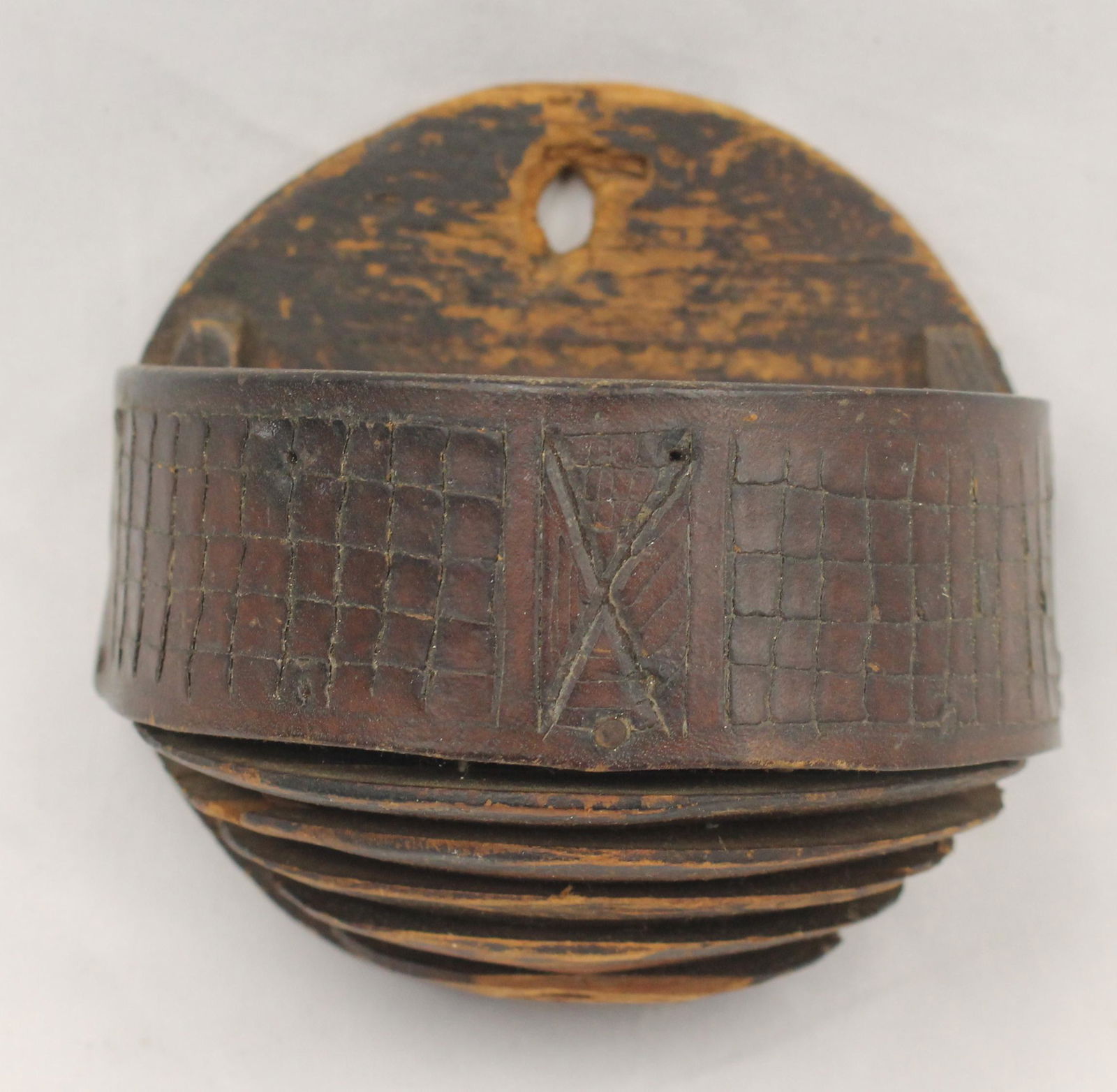 Folk art carved small 1/2 round wall box w etched dec - 4" round diam back x 3" deep (1 of 6)