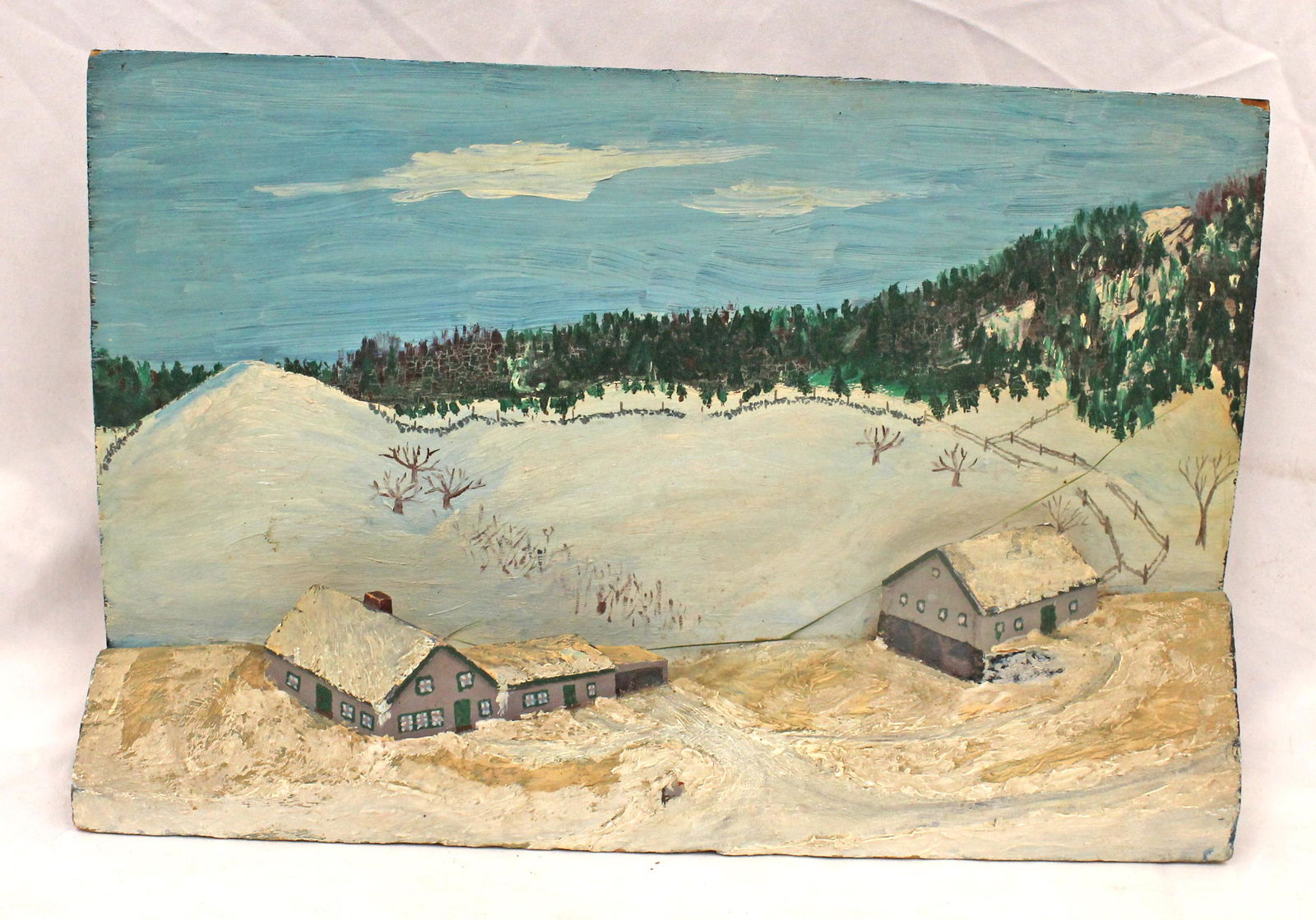 Carved wood & painted 3D winter scene w farmhouse, mountains & trees - inscribed on back "Carbed & (1 of 9)