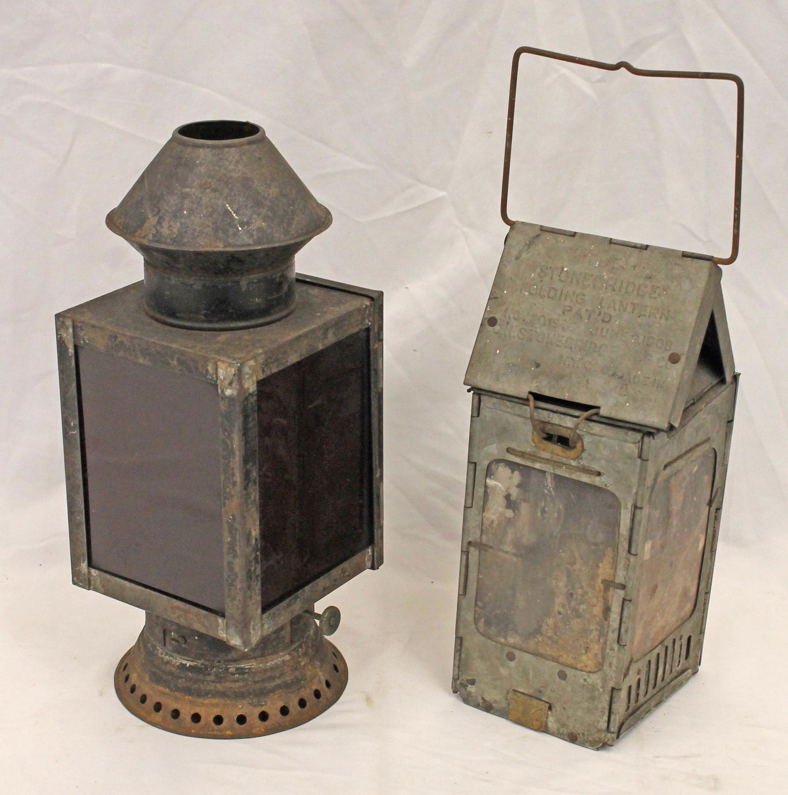 Lot of 2 antique lanterns incl 1 tin w red glass 12 1/2" tall & the other a Stonebridge folding (1 of 7)