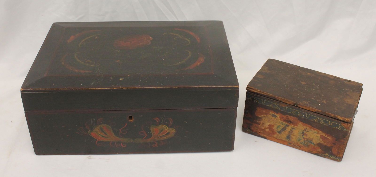 Lot of 2 document or dresser top boxes - 1 in black w red floral paint decoration & the other a (1 of 10)