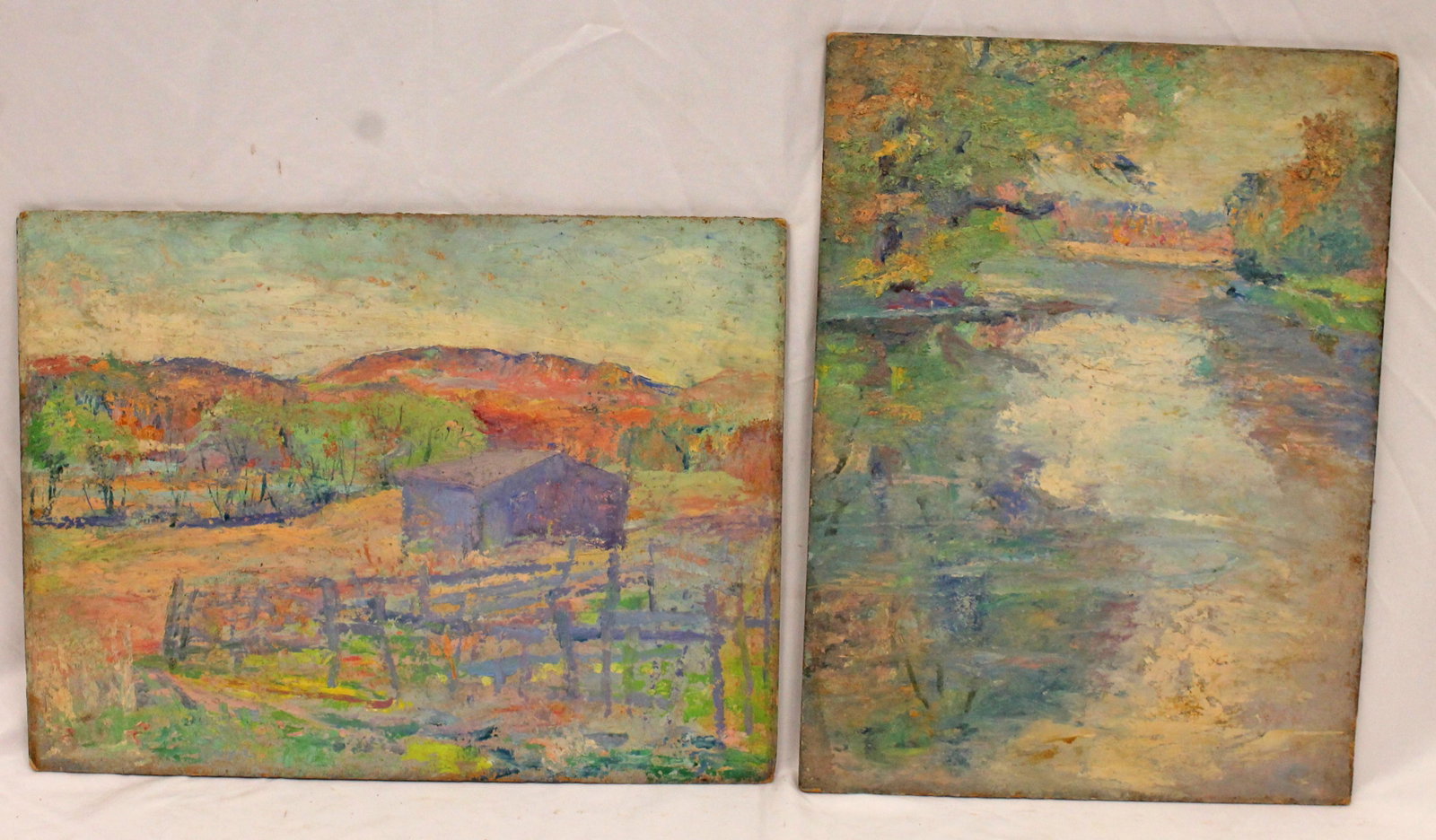 Pr of unsgnd & unframed impressionist landscapes - definitely by the same hand - 12"x16" & 16"x12": Pr of unsgnd & unframed impressionist landscapes - definitely by the same hand - 12"x16" & 16"x12"