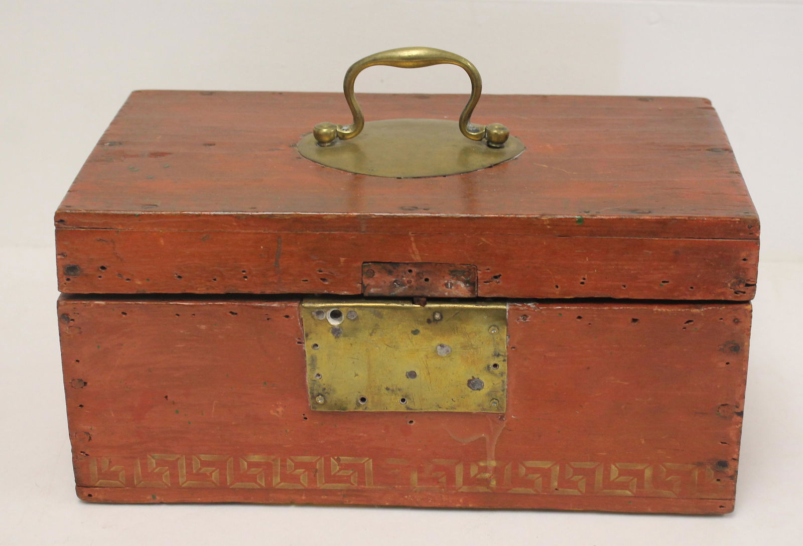 Antique red painted & decorated valuables box w brass plaque on top engraved "Morgan Whitney" - 5 (1 of 6)