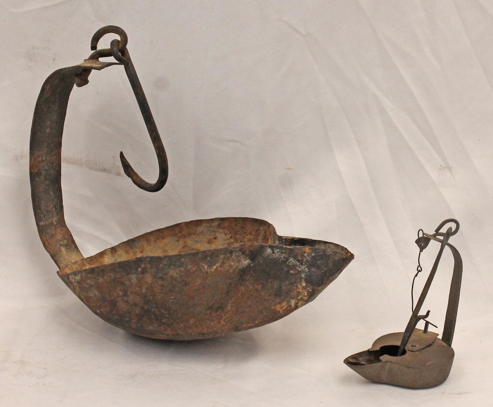 Lot of 2 antique betty lamps incl 1 large 8" tall x 9" long x 5 1/2" wide & 1 small 4 1/4" tall x 3 (1 of 5)