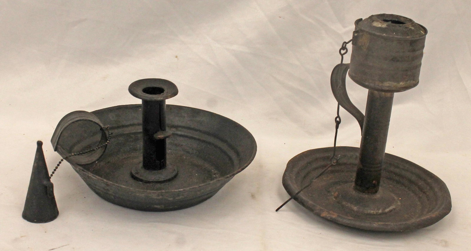 lot of 2 early tin lighting items incl 8" tall whale oil lamp & push up chamber stick w witch's hat: lot of 2 early tin lighting items incl 8" tall whale oil lamp & push up chamber stick w witch's hat - 4" tall x 8" diam