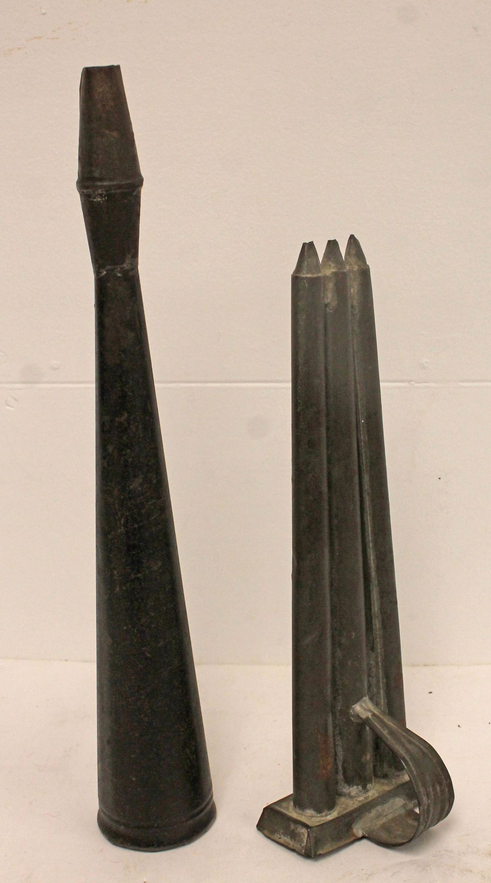 lot of 2 early tin items incl 3 tube 11" tall candle mold & 13 1/2" tall horn (1 of 6)