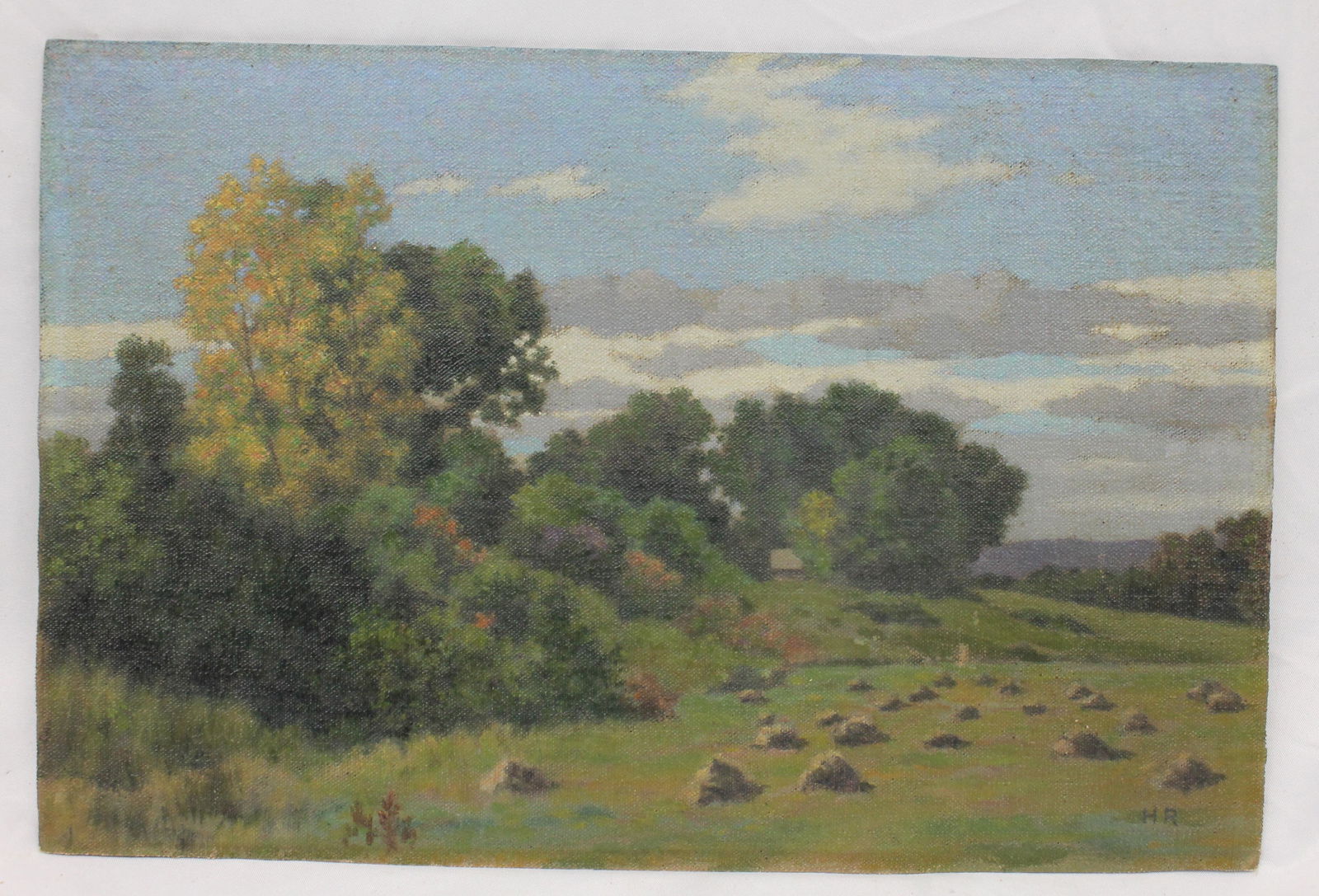 Small initialed HR unframed impressionist landscape w haystacks - 8"x12" (1 of 6)