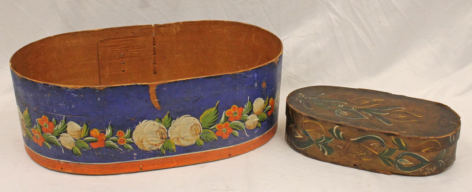 Lot of 2 Scandinavian paint dec boxes - as found - small covered is 3 1/2" tall x 13 1/4" long x 7 (1 of 10)