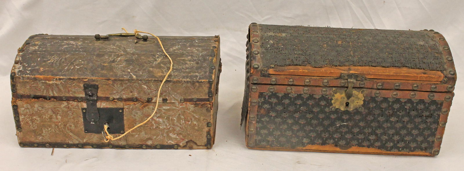 Lot of 2 dometop valuables boxes - 1 wallpaper covered 6" tall x 12"x6 1/2" deep & the other fabric (1 of 8)