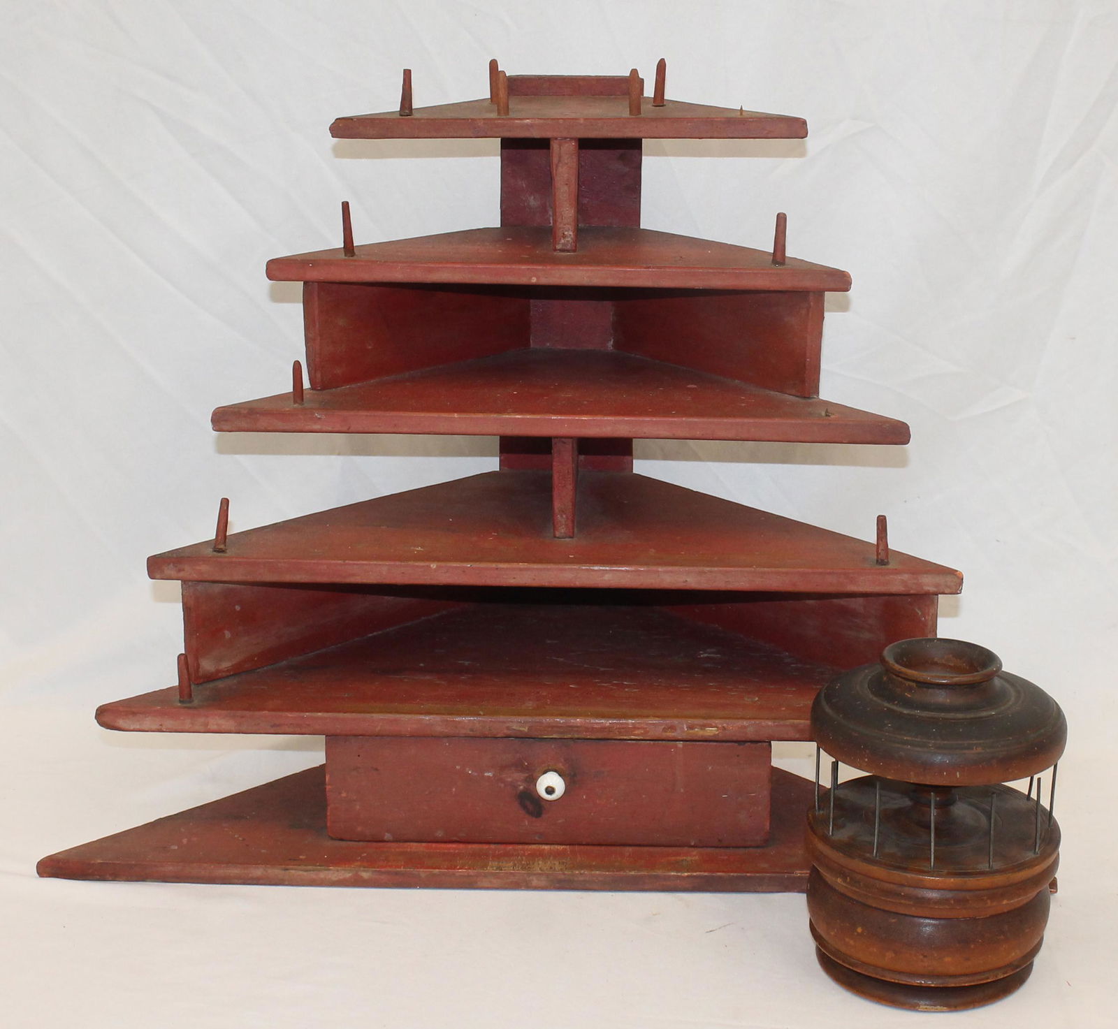 Lot of 2 antique spool/ sewing items incl tri-cornered shelf in red paint w a drawer & a round 3 (1 of 9)