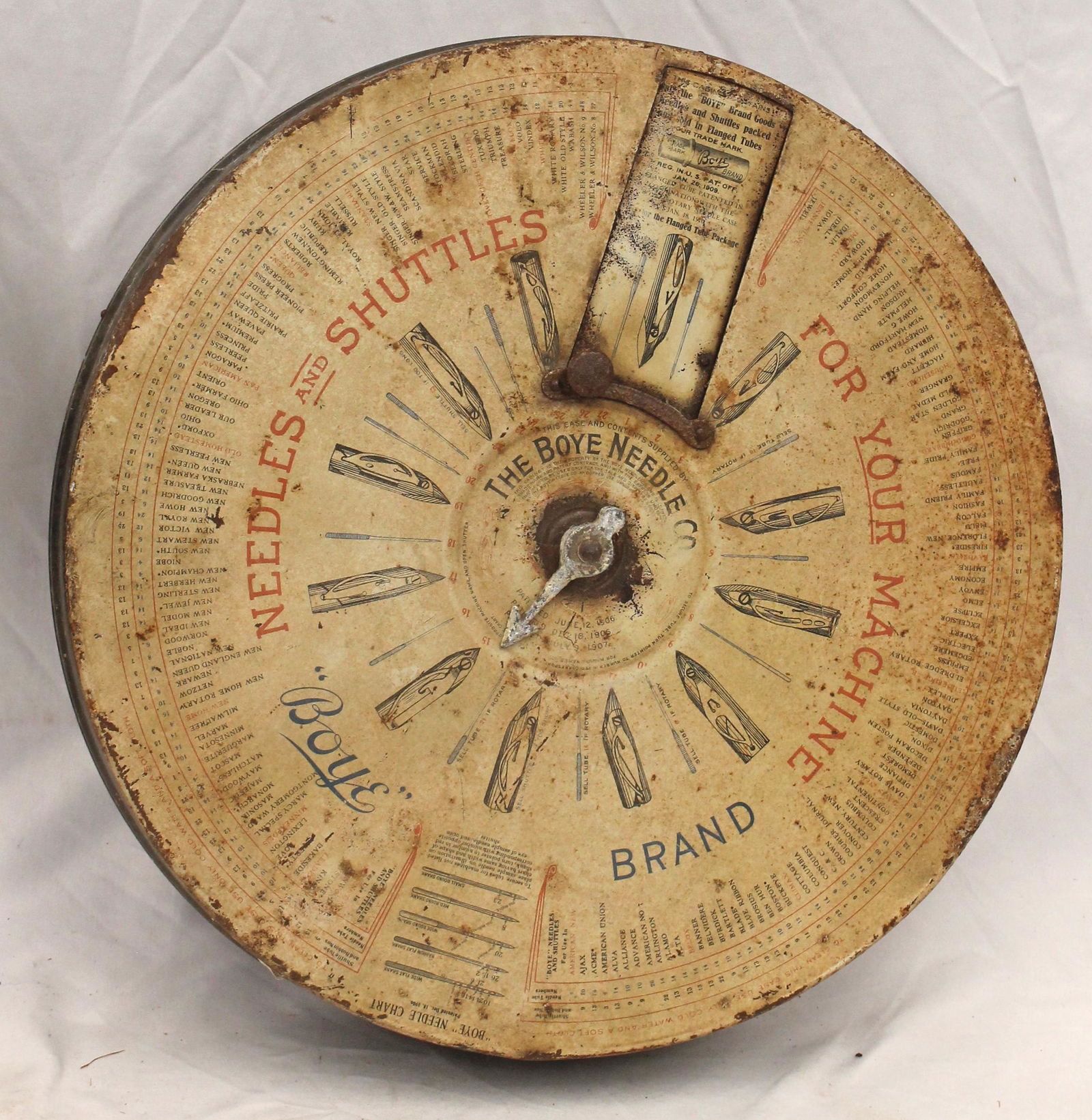 "The Boye Brand" tin advertising display case for needles & shuttles - 16" diam x 3" deep (1 of 7)