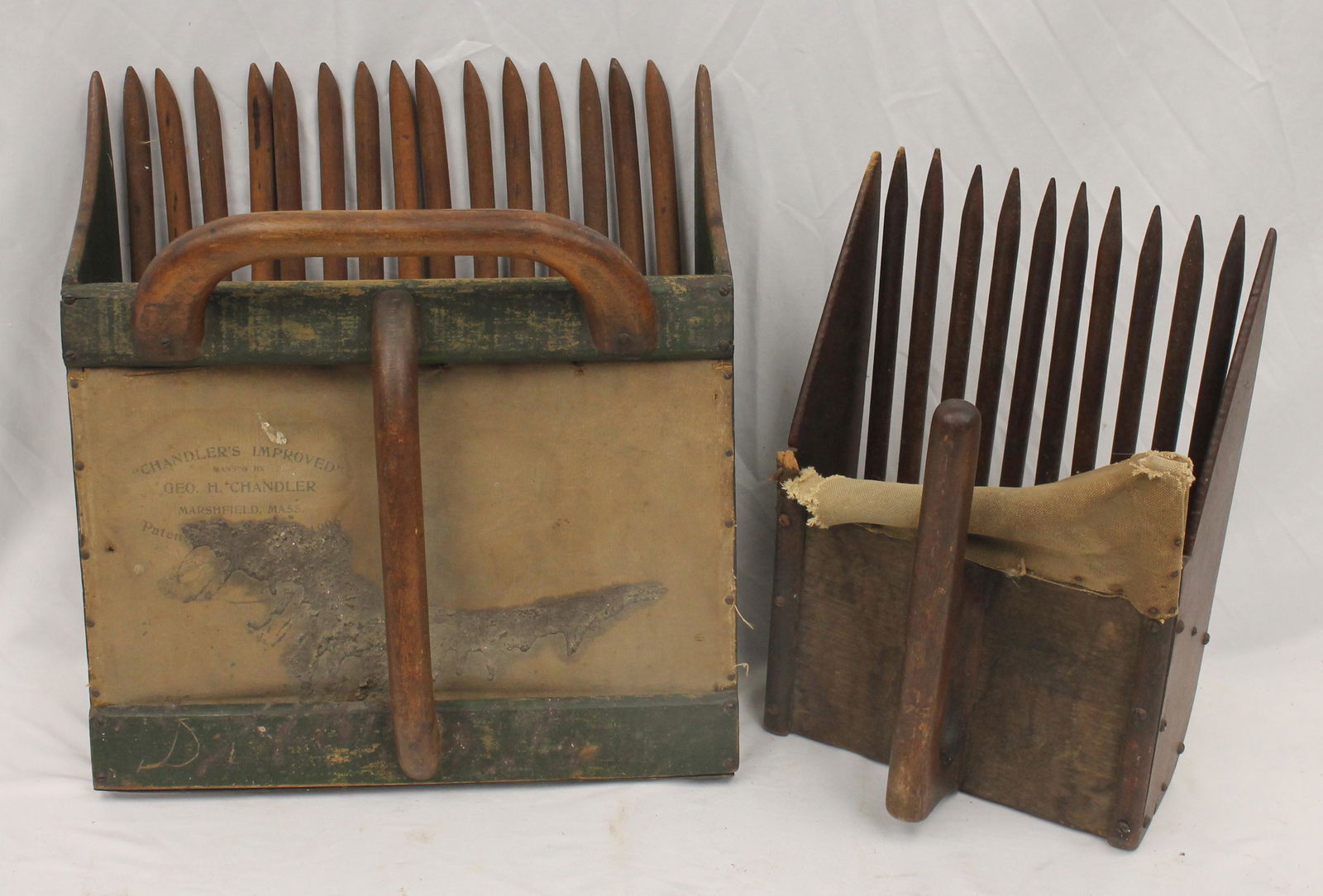 Lot of 2 antique wooden cranberry scoops - 1 in green paint by Geo. E. Chandler Mfg. Marshfield, MA (1 of 7)