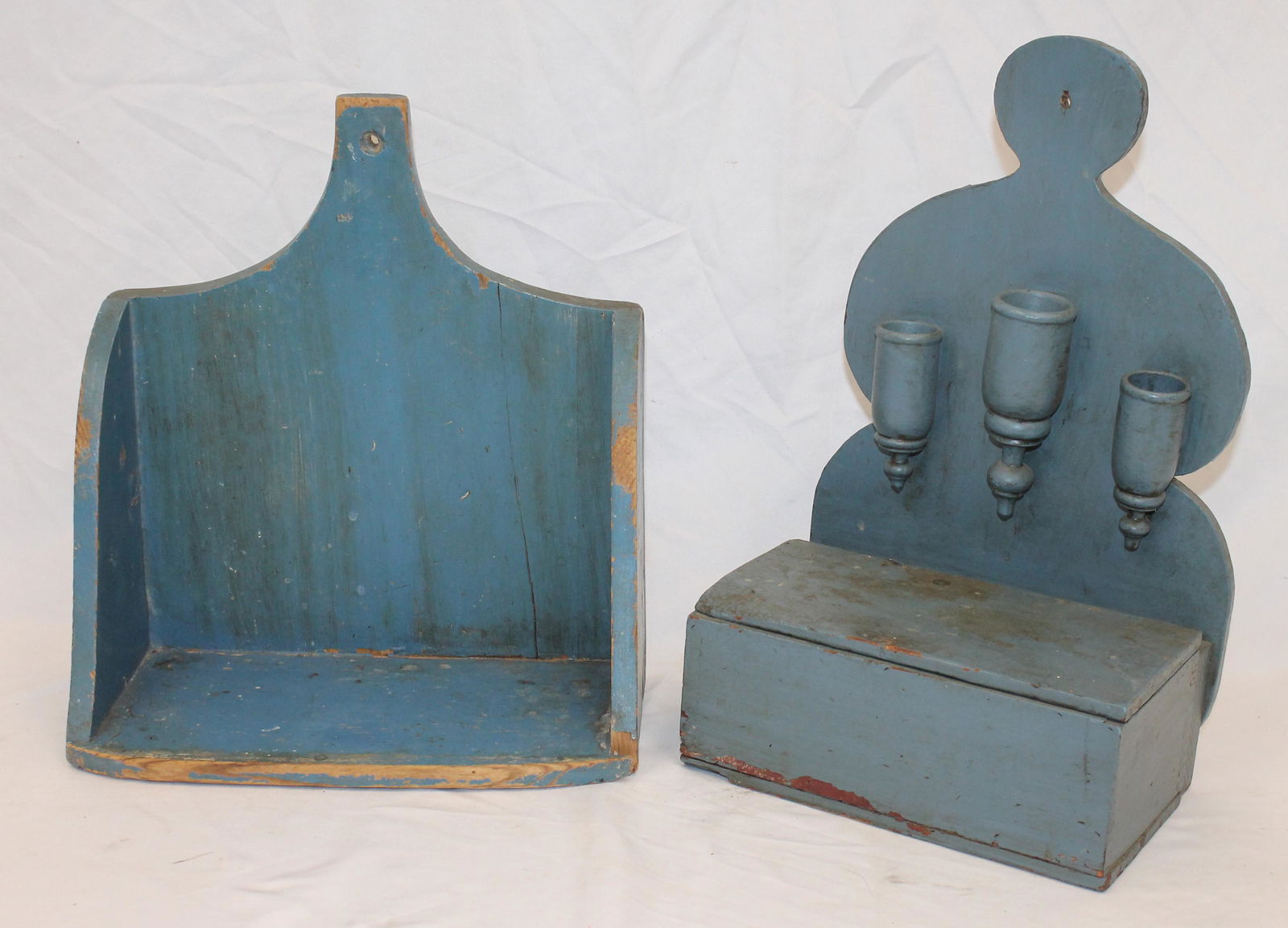 Lot of 2 wooden painted blue wall boxes - incl 1 w lollipop finial & 3 match safes - 14" tall x 8 (1 of 6)