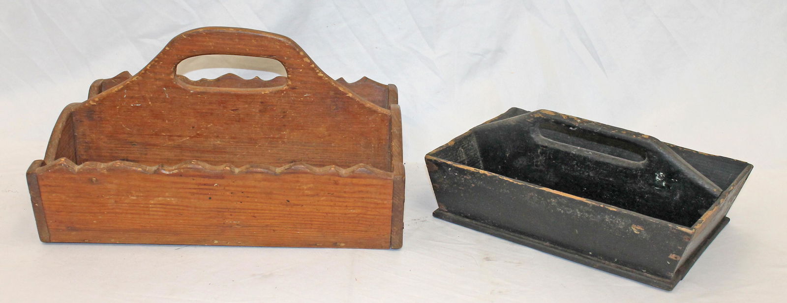 Lot of 2 wooden utensil boxes - one in black paint - 11 1/2" wide x 4 1/2" tall x 8" deep & 14 3/4" (1 of 6)